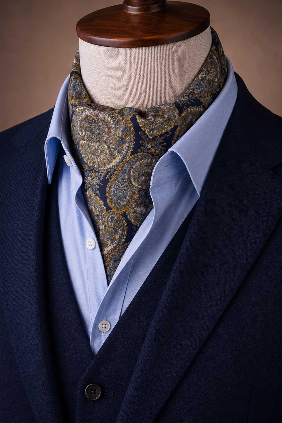 Turuncu Lacivert Şal Desen İtalyan İpek Ascot Kravat SAC70
