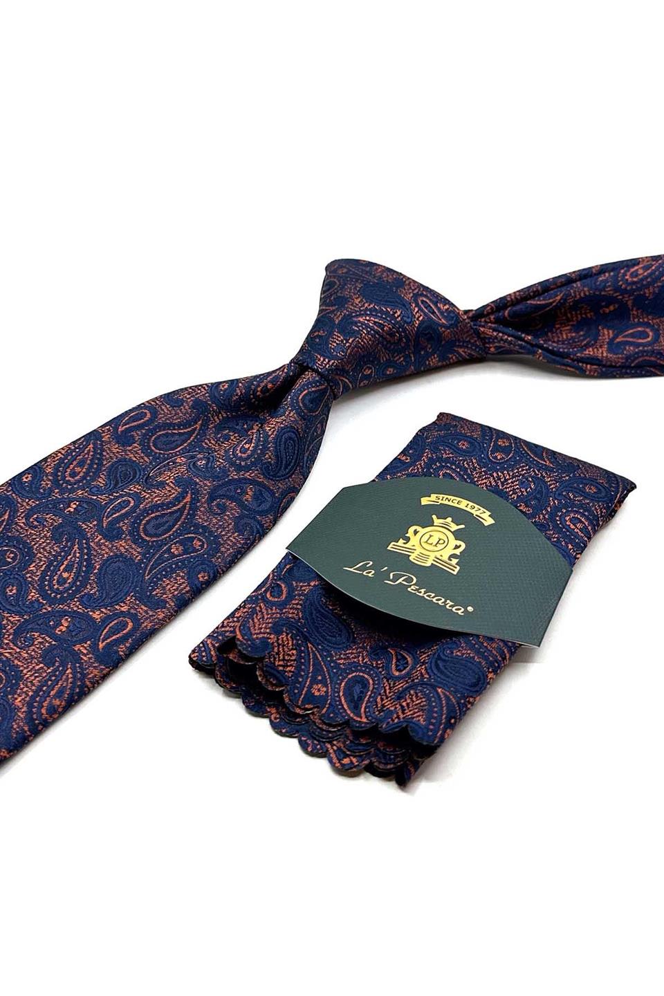 Turuncu - Lacivert Şal Desen Mendilli Klasik Kravat KK12872