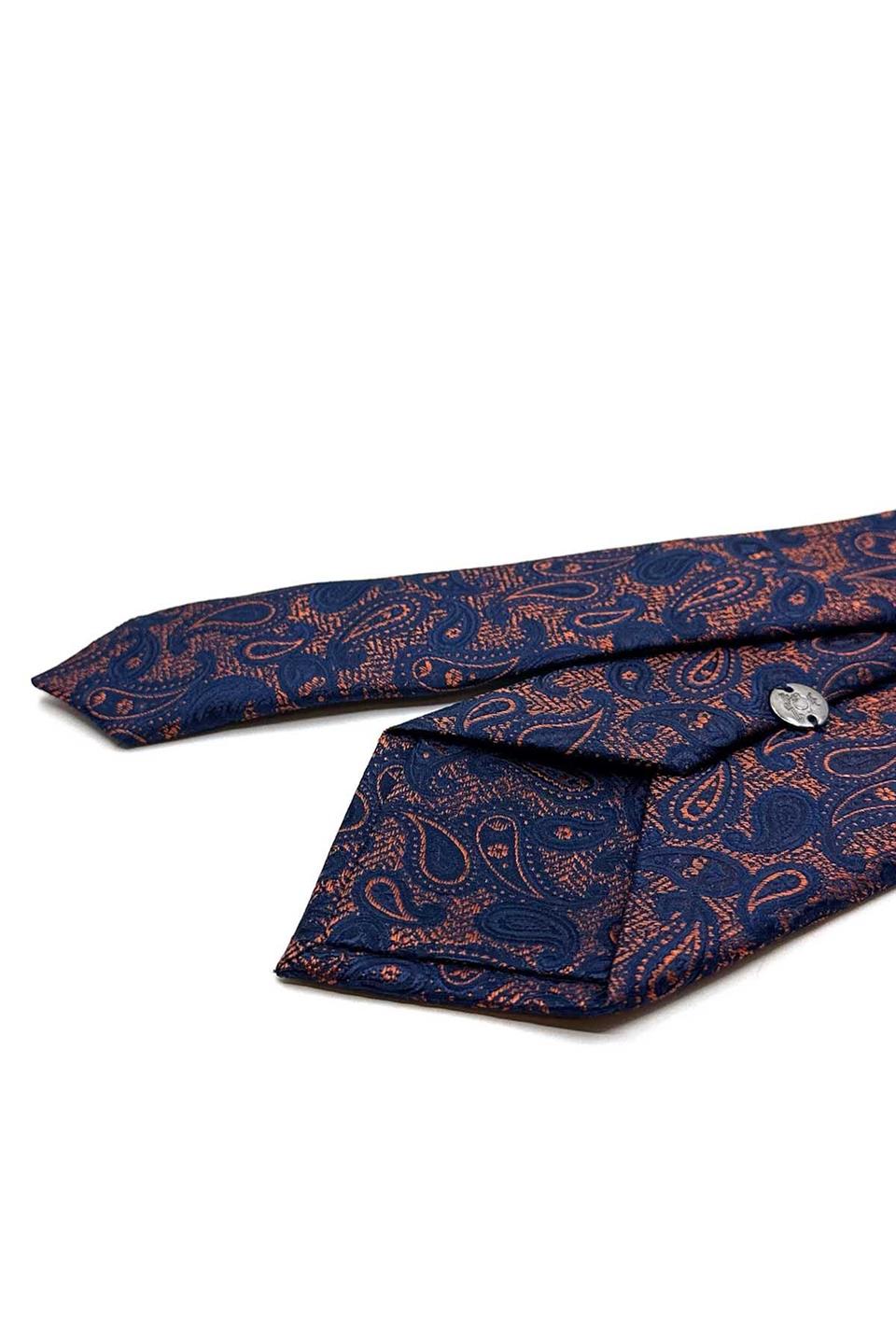 Turuncu - Lacivert Şal Desen Mendilli Klasik Kravat KK12872