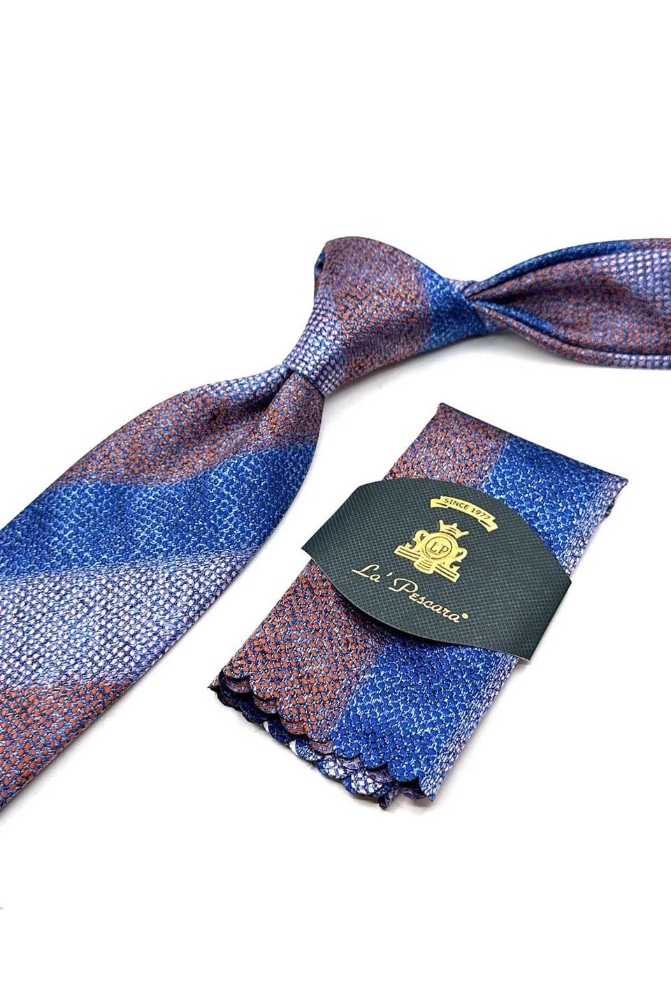 Turuncu - Mavi Çizgi Desen Mendilli Klasik Kravat KK13070