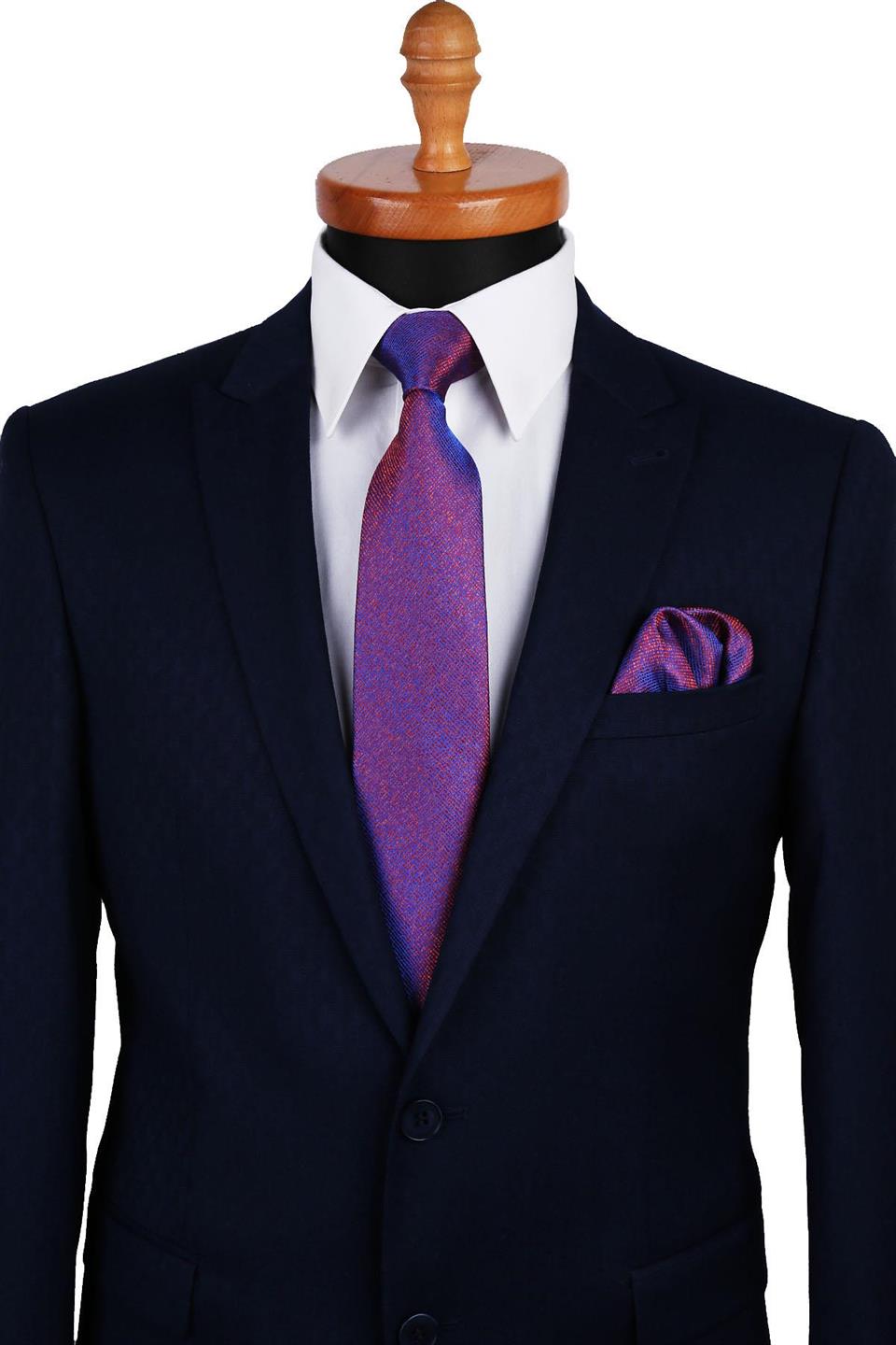 Turuncu - Mavi Kum Desen Mendilli Klasik Kravat KK9789