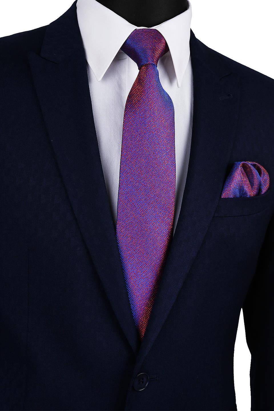 Turuncu - Mavi Kum Desen Mendilli Klasik Kravat KK9789