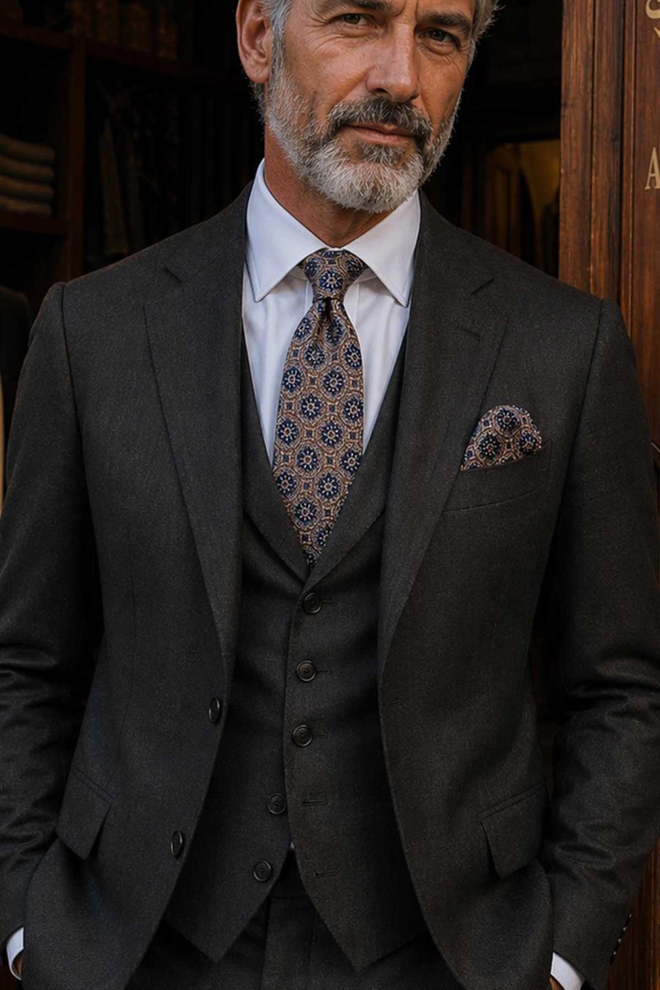 Turuncu - Mavi Motif Desen Mendilli Klasik Kravat KK12673