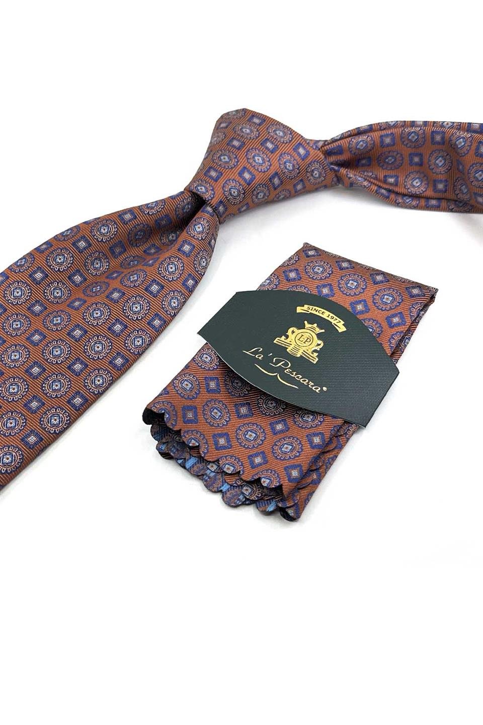 Turuncu Motif Desen Mendilli Klasik Kravat KK13060