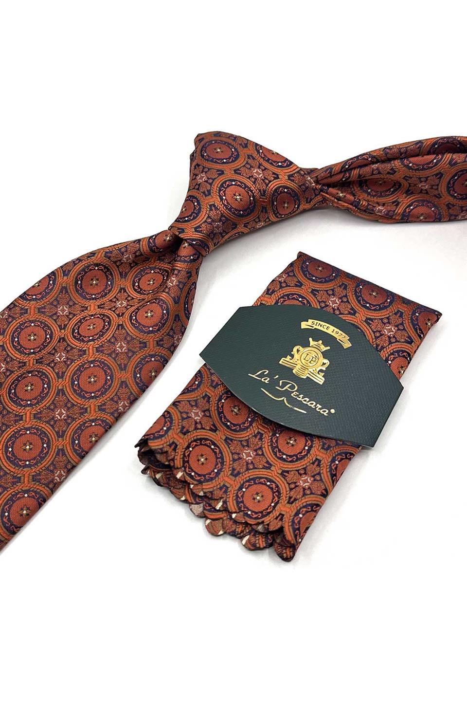 Turuncu Motif Desen Mendilli Klasik Kravat KK13060