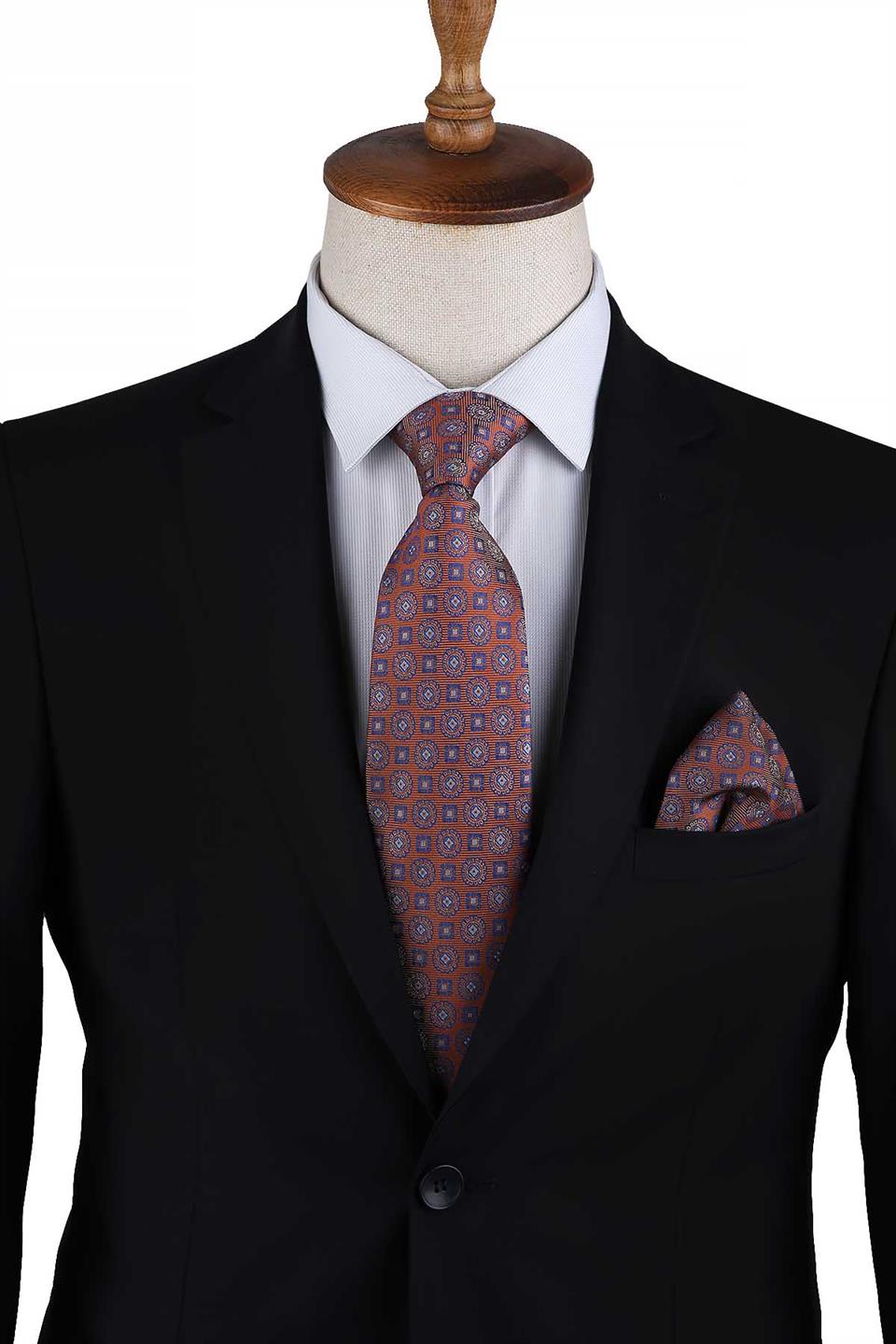 Turuncu Motif Desen Mendilli Klasik Kravat KK13060