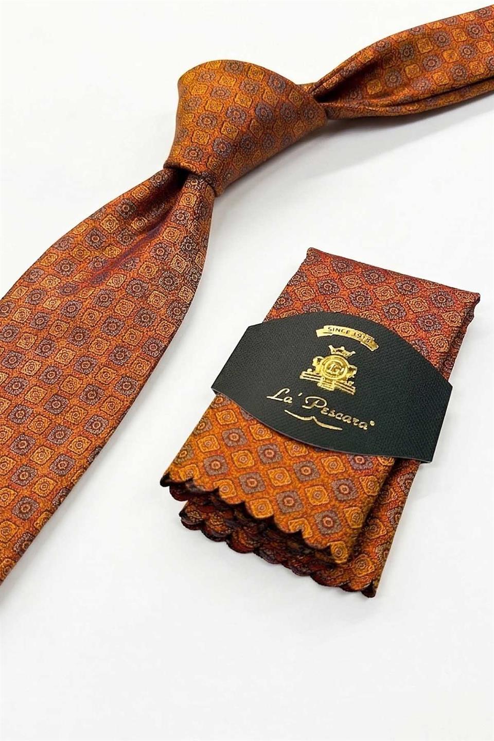 Turuncu Motif Desen Mendilli Klasik Kravat KK13060