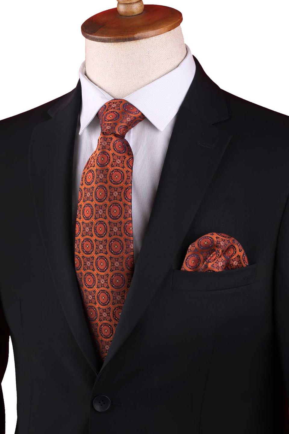 Turuncu Motif Desen Mendilli Klasik Kravat KK13060