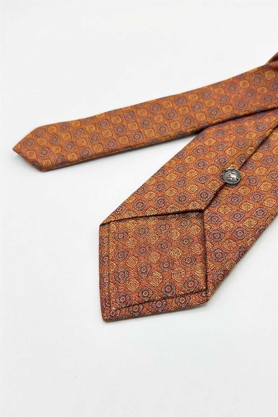 Turuncu Motif Desen Mendilli Klasik Kravat KK13060