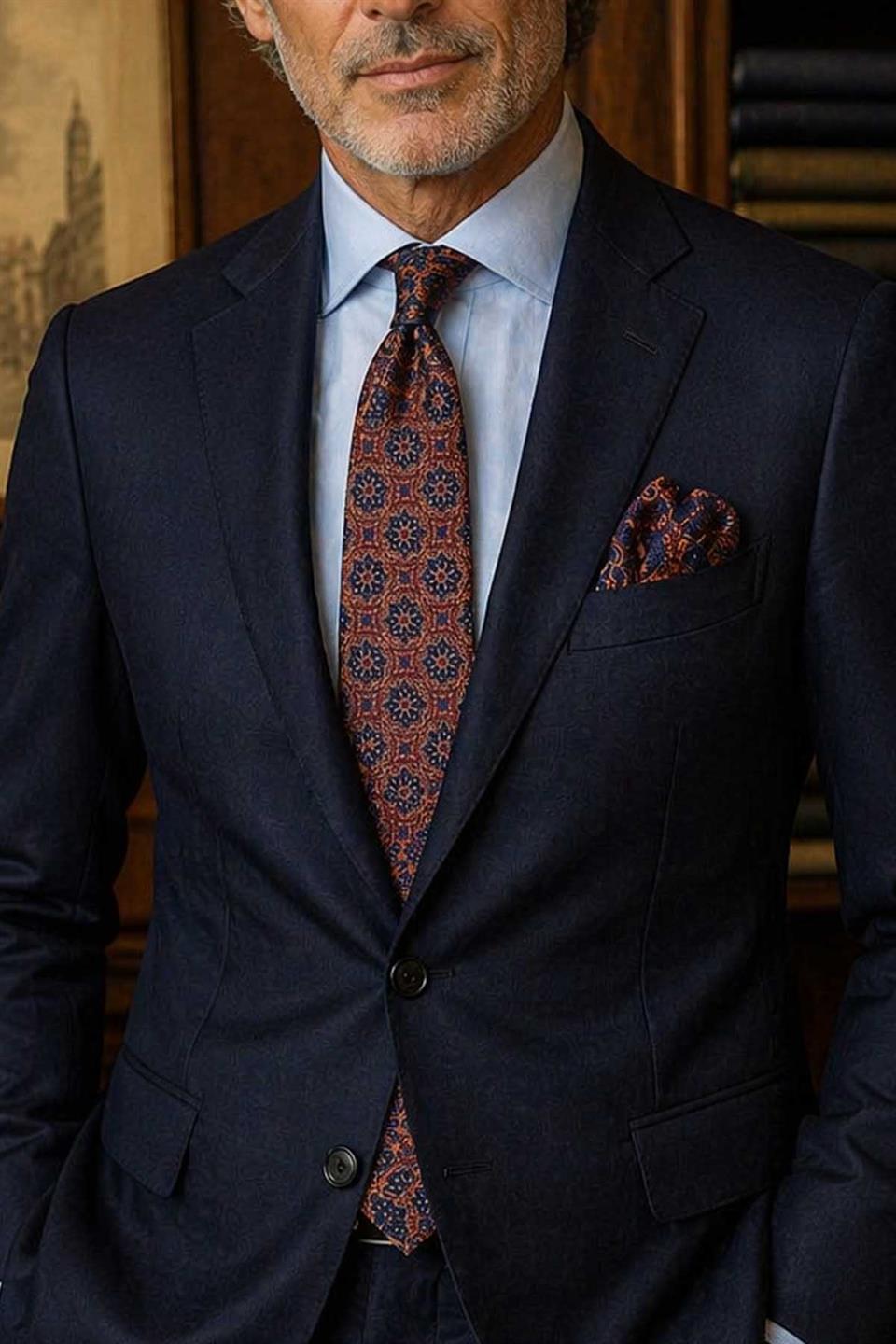 Turuncu Motif Desen Mendilli Klasik Kravat KK12676