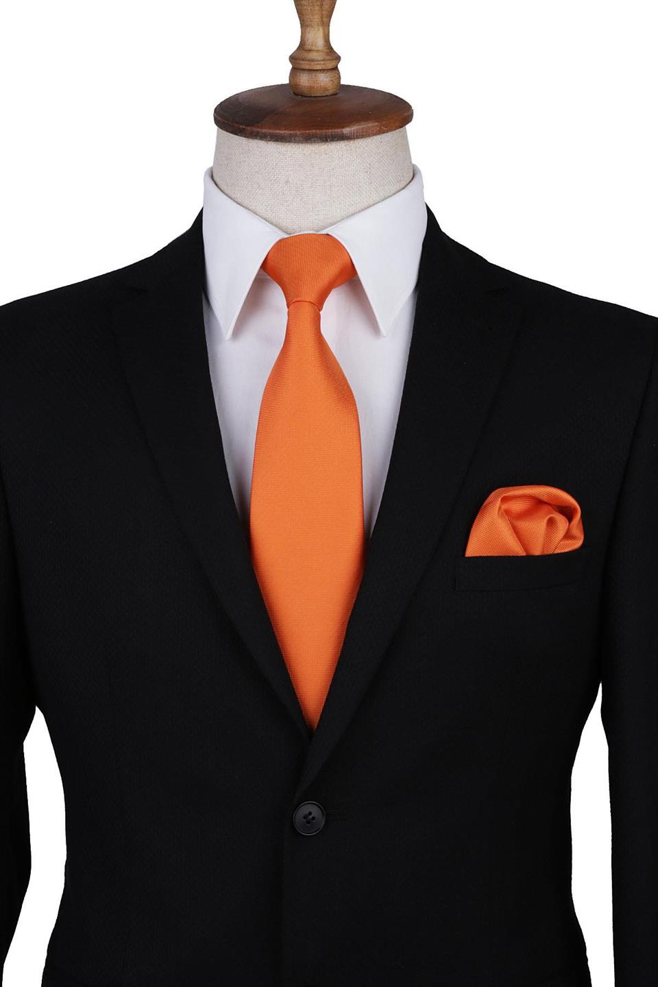 Turuncu Nokta Desen Mendilli Klasik Kravat KK9205