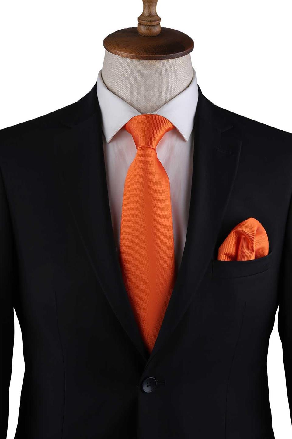 Turuncu Reps Dokulu Düz Mendilli Klasik Kravat KK13178