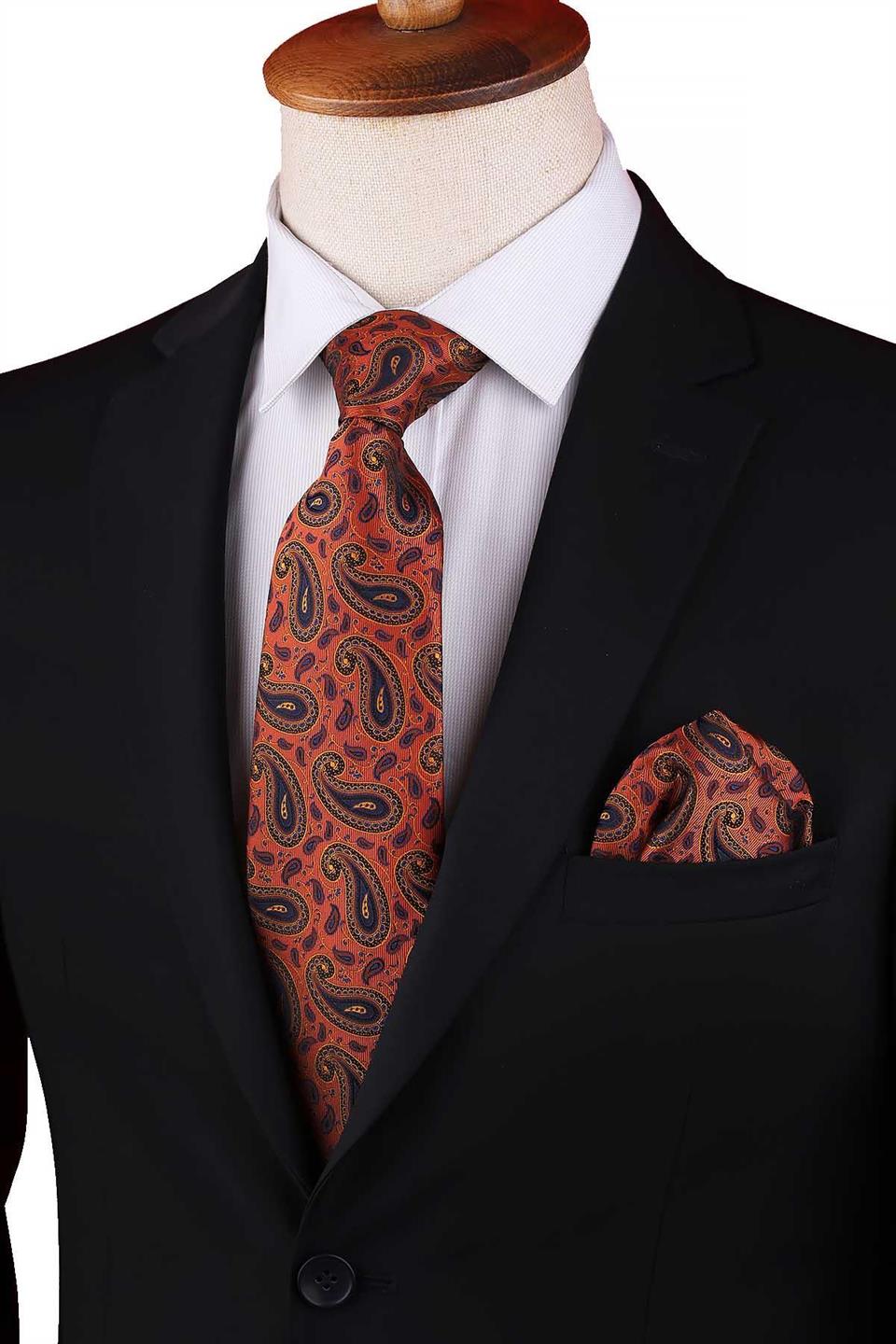 Turuncu Şal Desen Mendilli Klasik Kravat KK13299