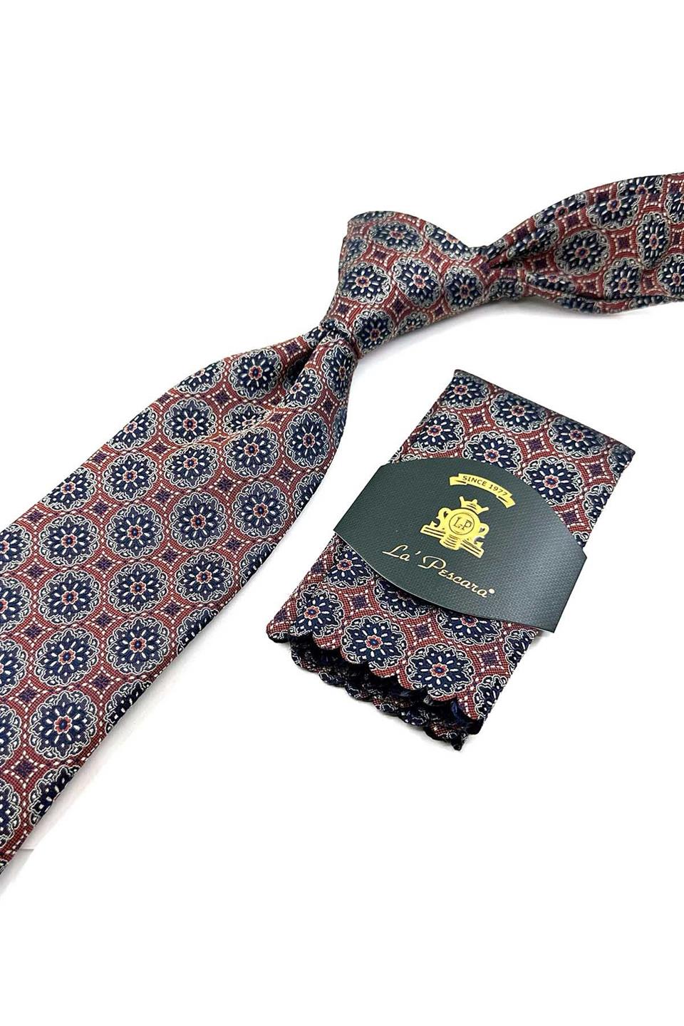 Turuncu - Siyah Motif Desen Mendilli Klasik Kravat KK12678