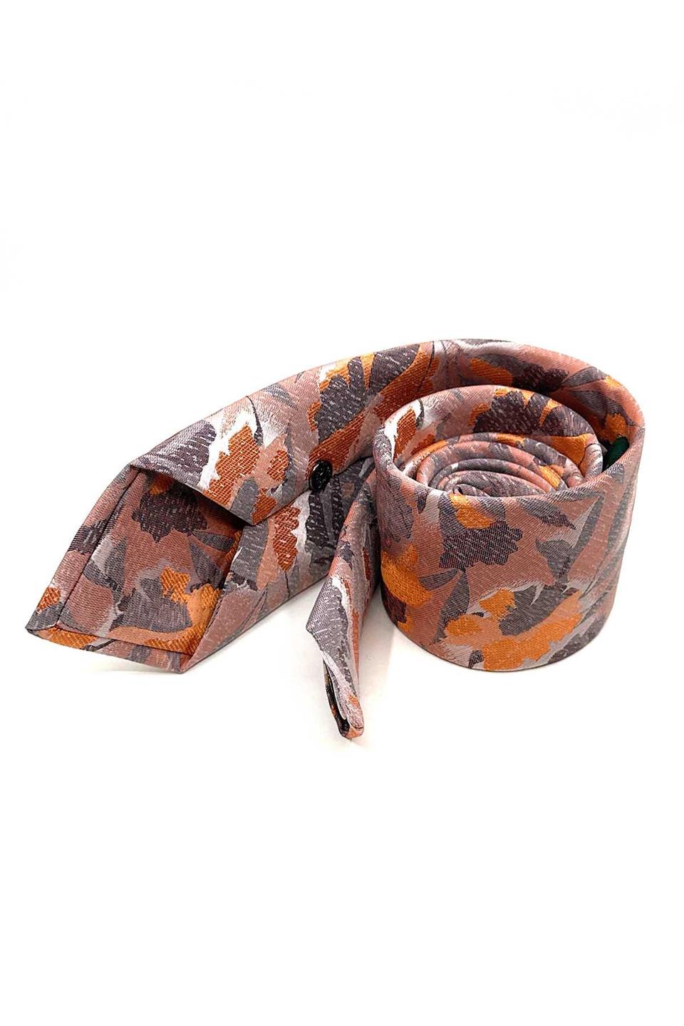 Turuncu Yaprak Desen Mendilli Klasik Kravat KK13079