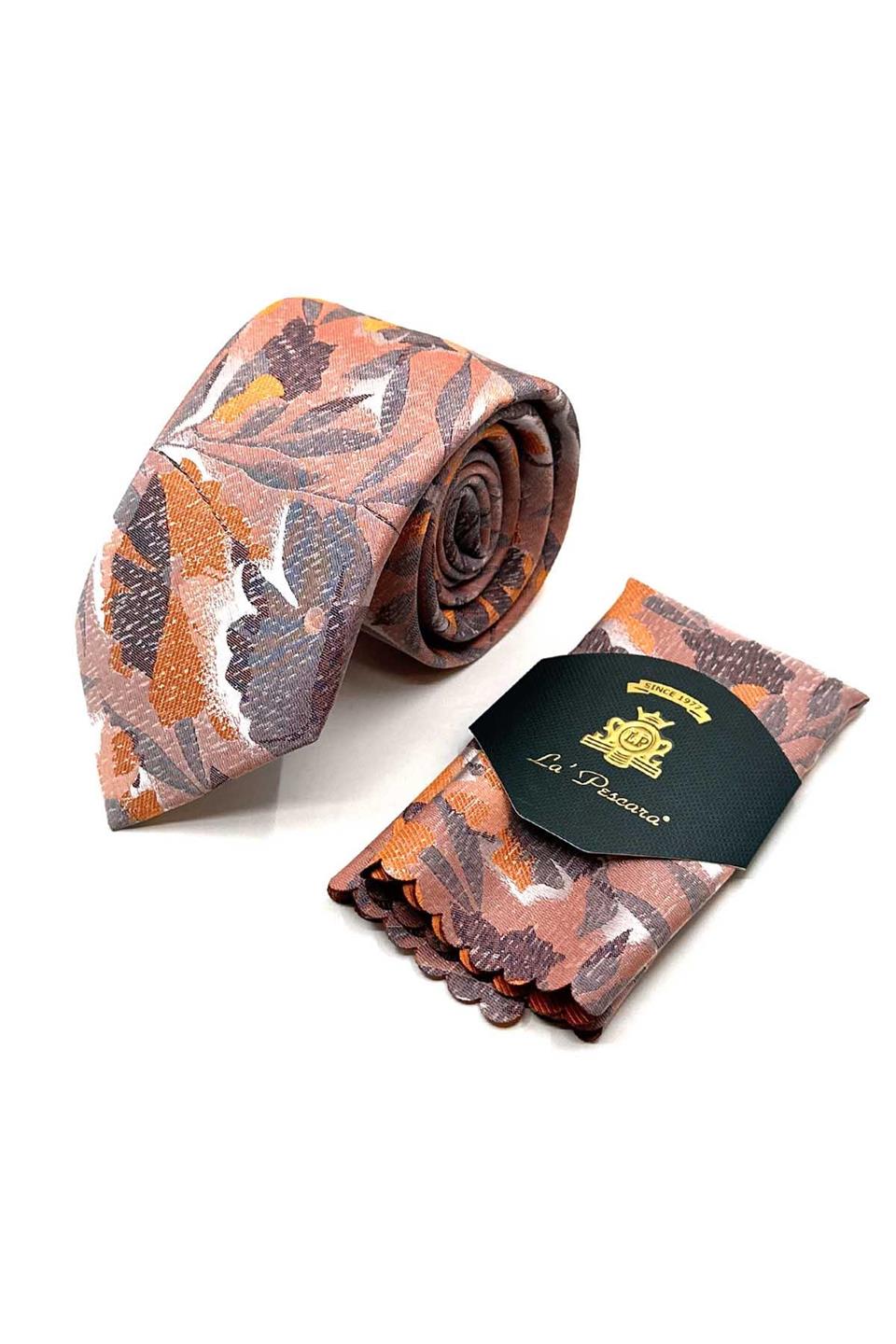 Turuncu Yaprak Desen Mendilli Klasik Kravat KK13079