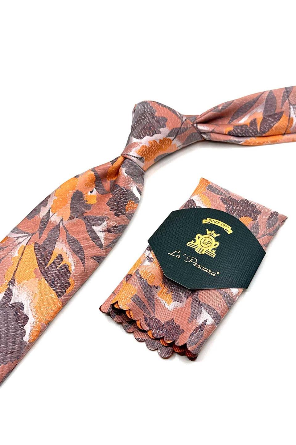 Turuncu Yaprak Desen Mendilli Klasik Kravat KK13079