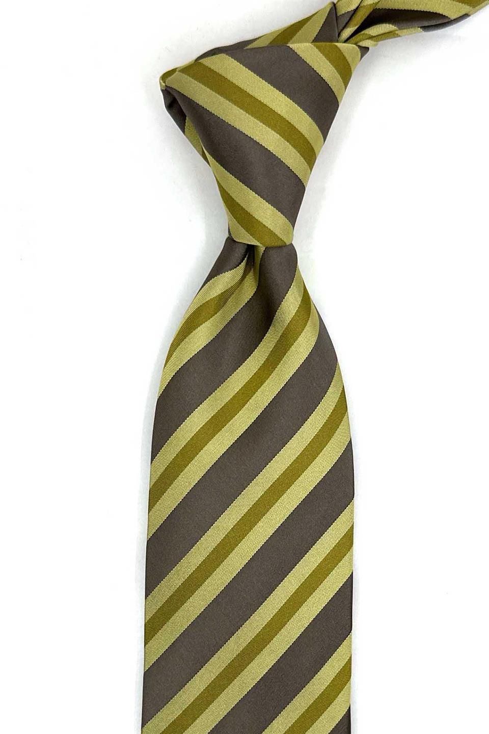 Valette Style Bej - Yeşil Çizgi Desen İtalyan İpek Kravat İK2296