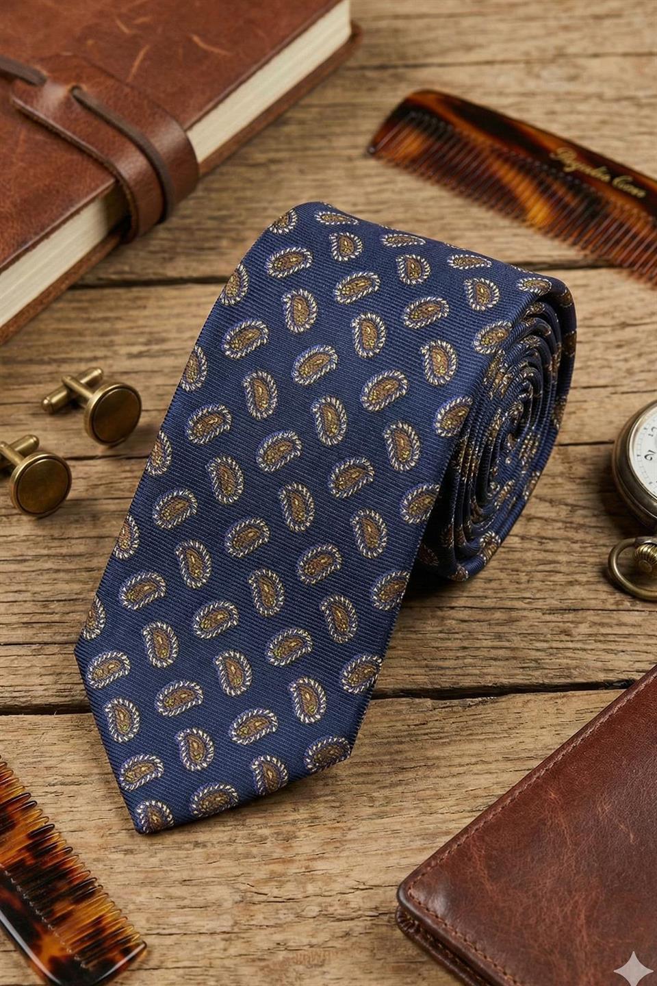Verzasca Style Lacivert Şal Desen İtalyan İpek Kravat İK2242