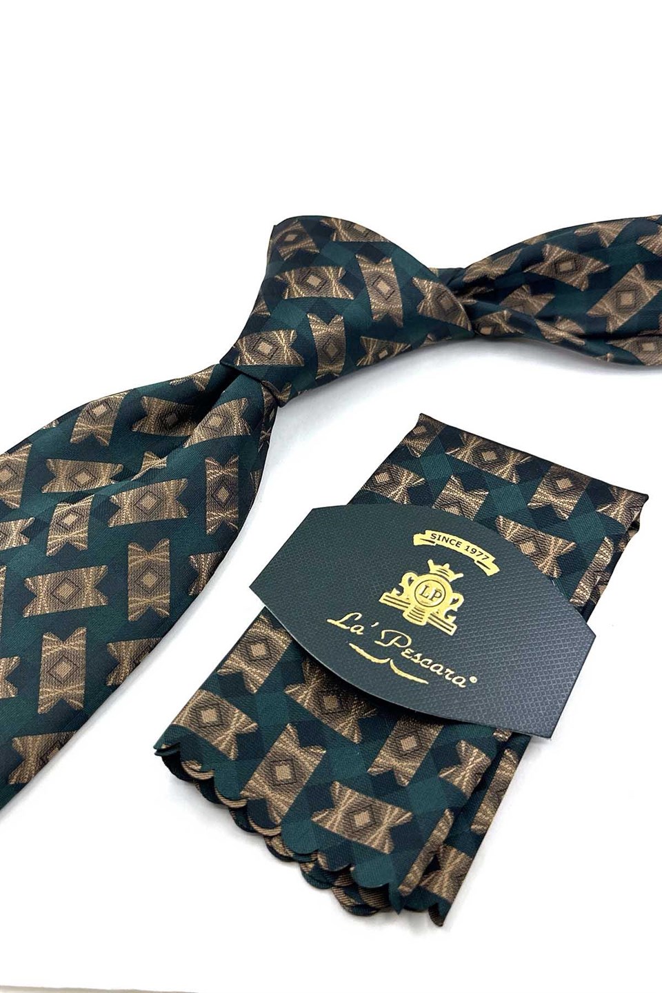 Yeşil Bej Motif Desen Mendilli Klasik Kravat KK13936