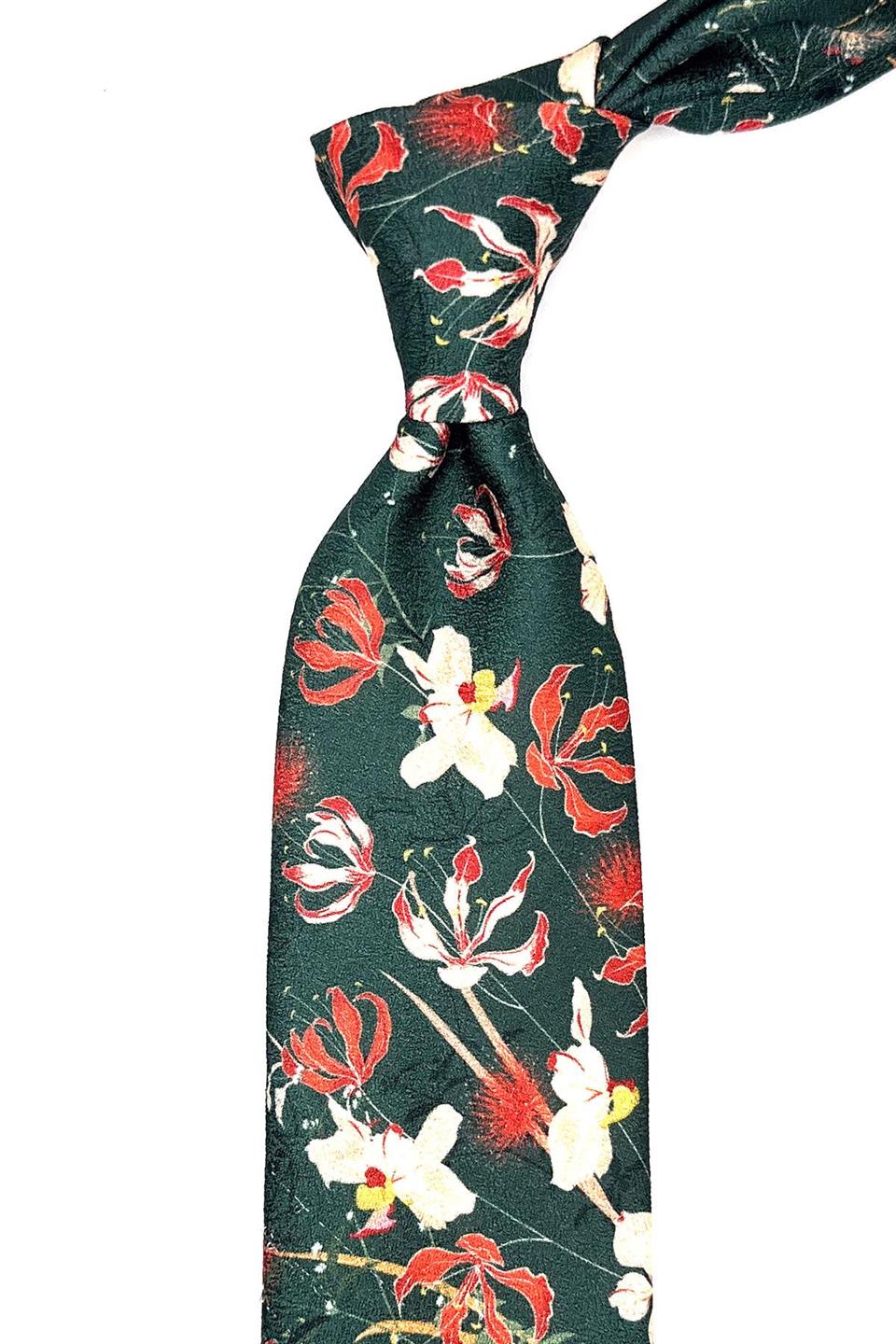 Yeşil Çiçek Desen Mendilli Klasik Kravat KK11778
