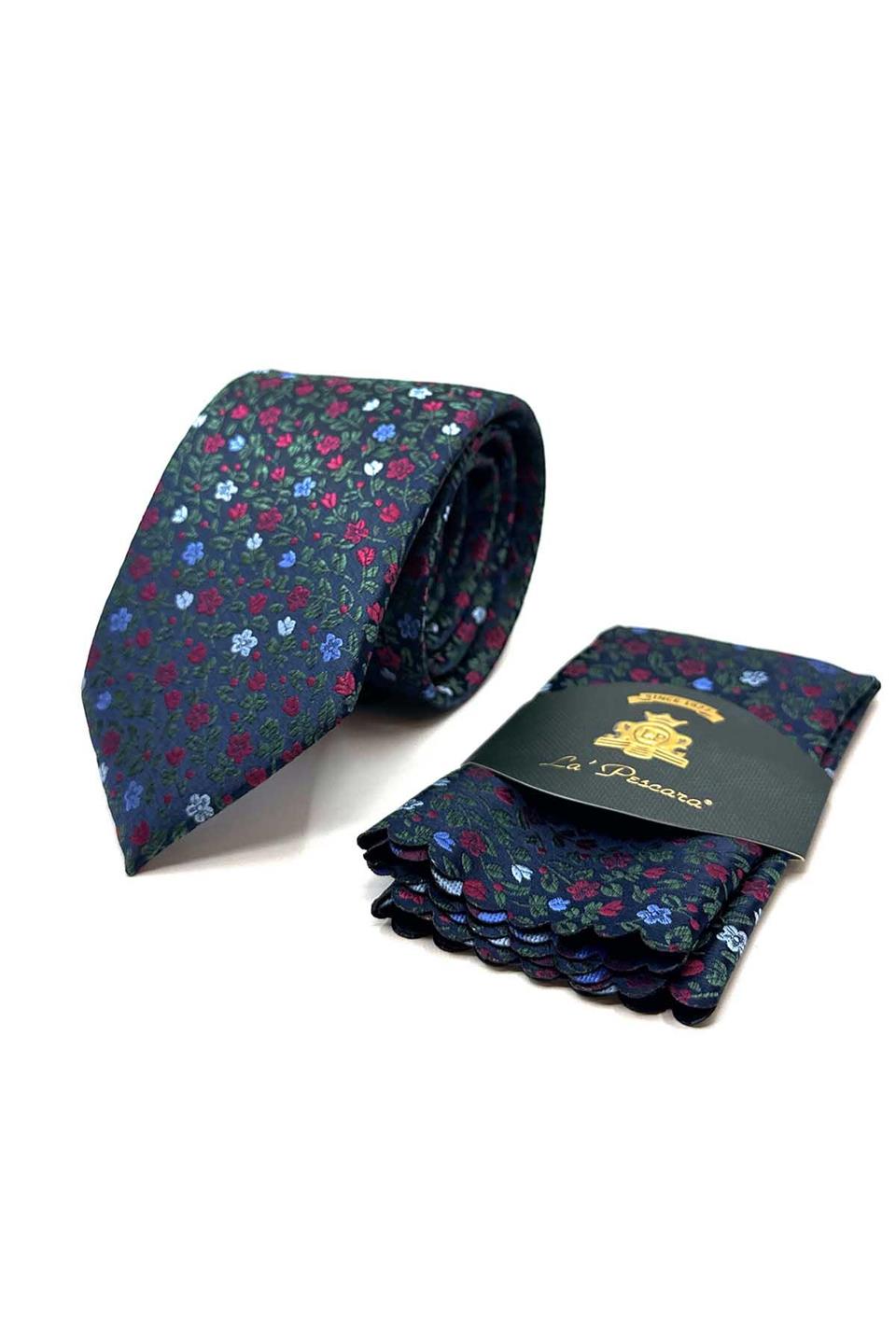 Yeşil Çiçek Desen Mendilli Klasik Kravat KK12980