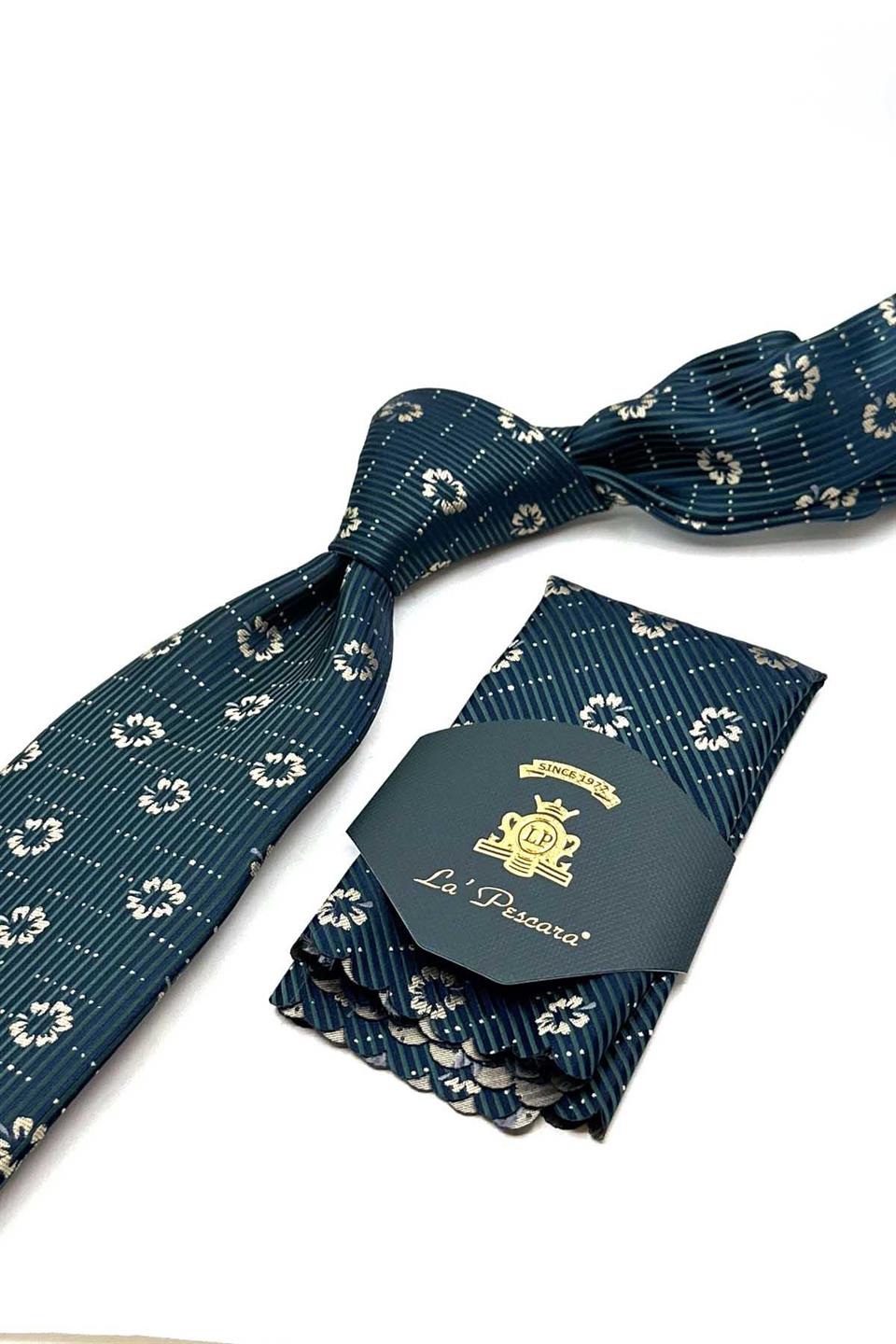 Yeşil Çiçek Desen Mendilli Klasik Kravat KK13021