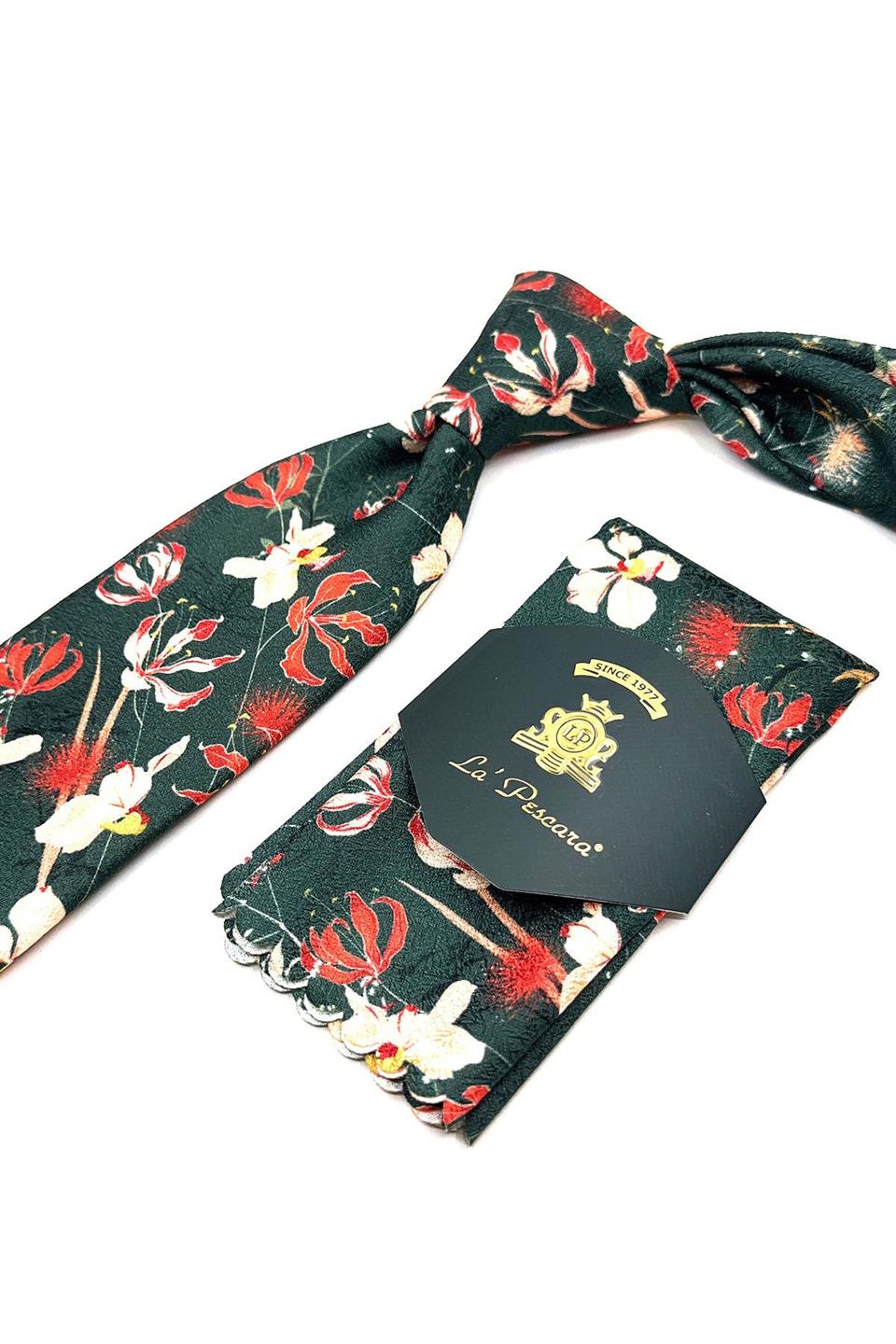 Yeşil Çiçek Desen Mendilli Klasik Kravat KK11778