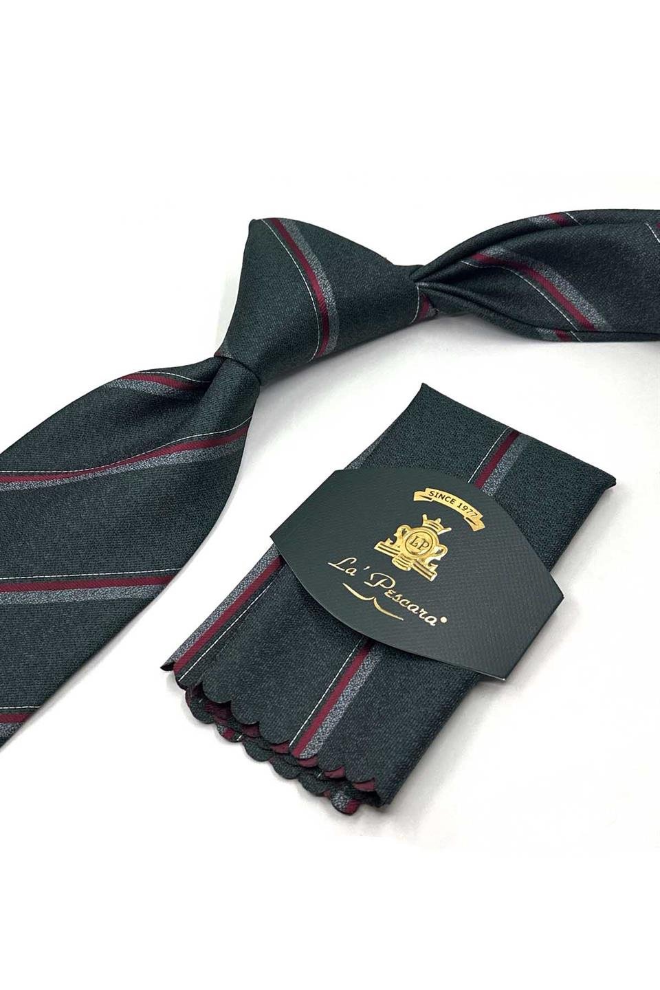 Yeşil Çizgi Desen Mendilli Klasik Kravat KK12916