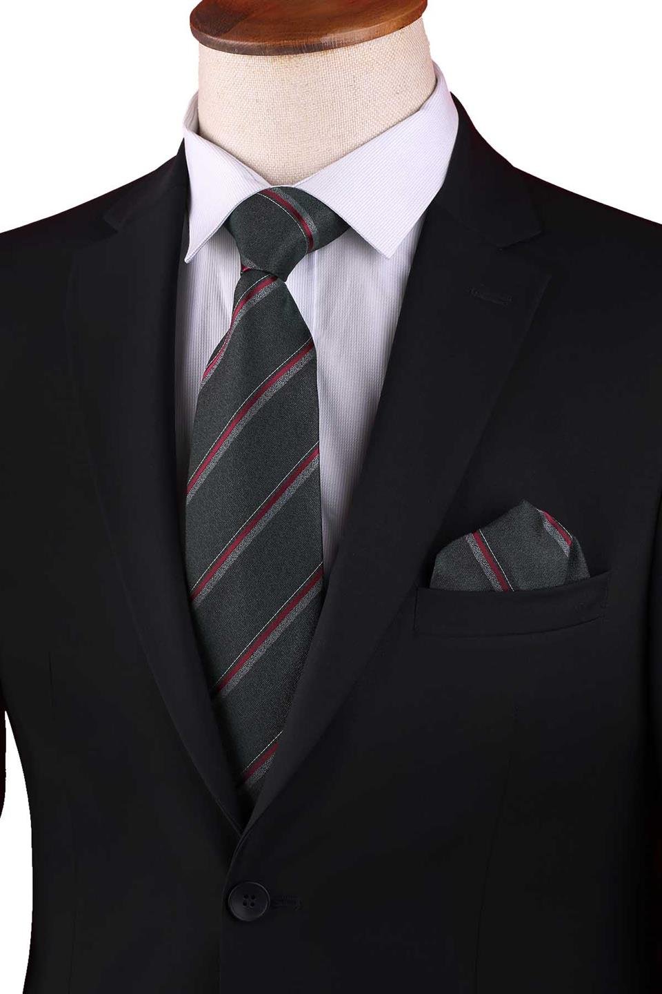 Yeşil Çizgi Desen Mendilli Klasik Kravat KK12916