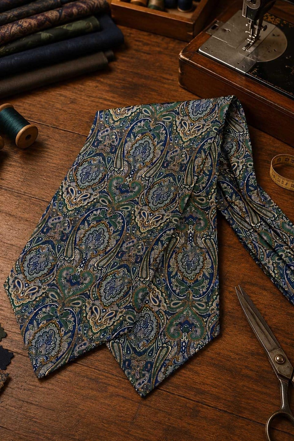 Yeşil Çok Renkli Şal Desen İtalyan İpek Ascot Kravat SAC134