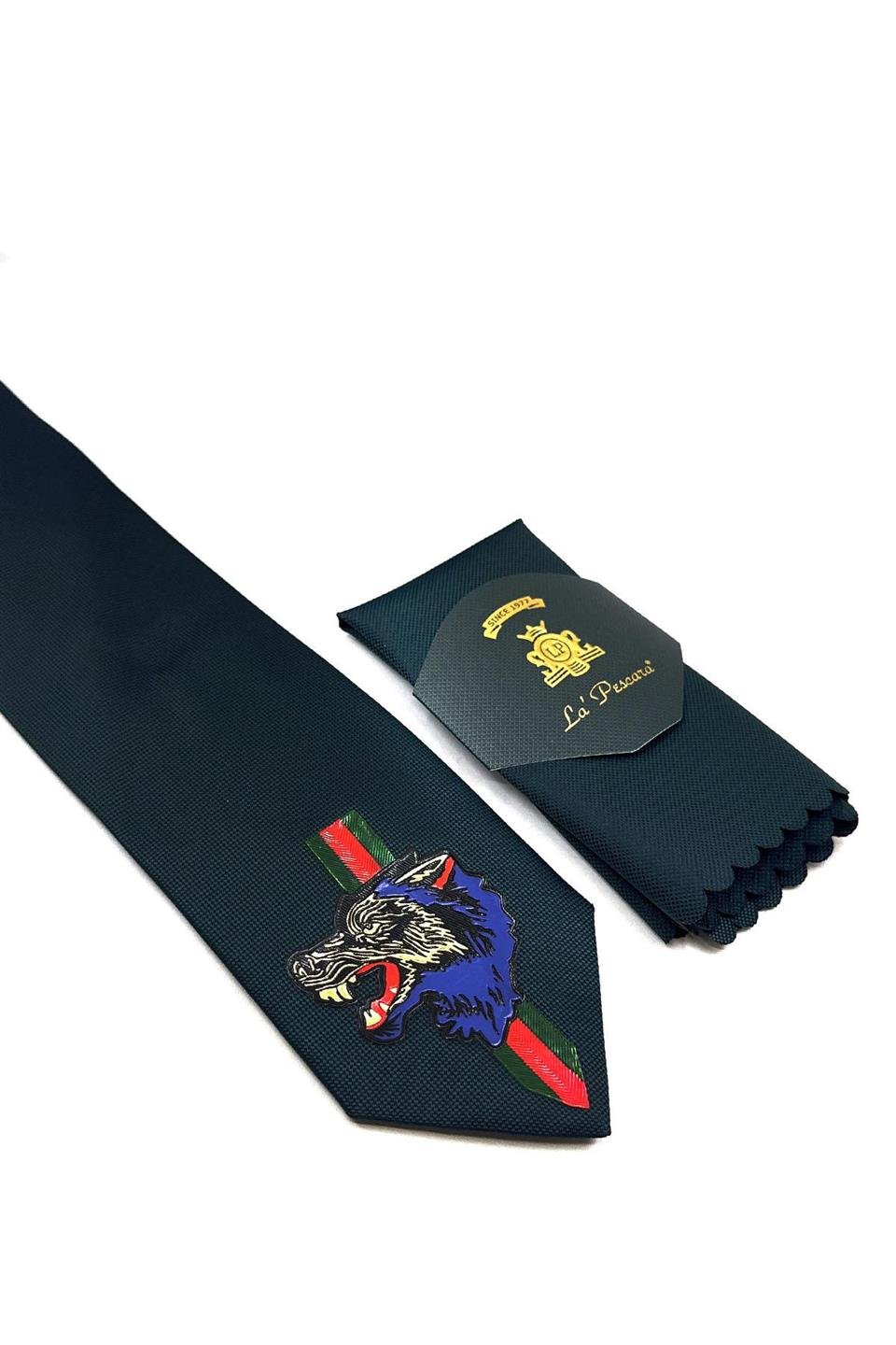 Yeşil Düz Kurt Arma Baskılı Kravat KK11702