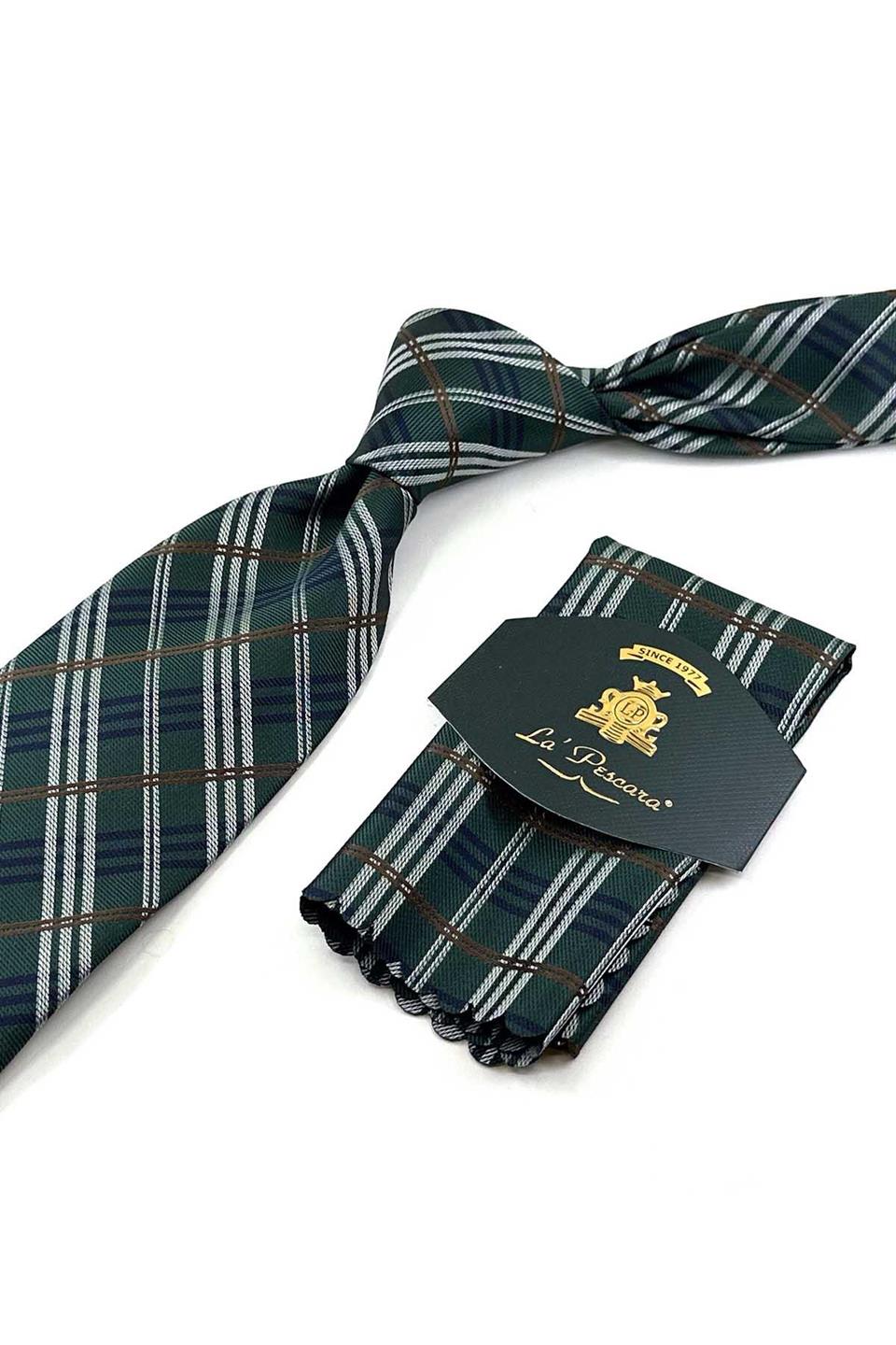 Yeşil Ekose Desen Mendilli Klasik Kravat KK13198