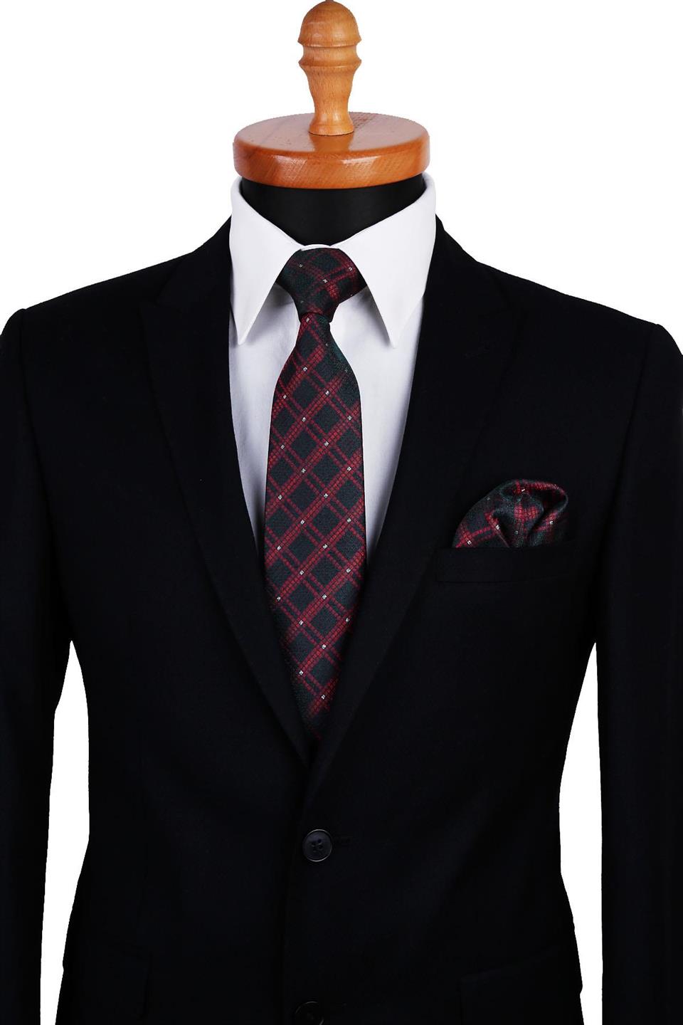 Yeşil Ekose Desen Mendilli Klasik Kravat KK9781