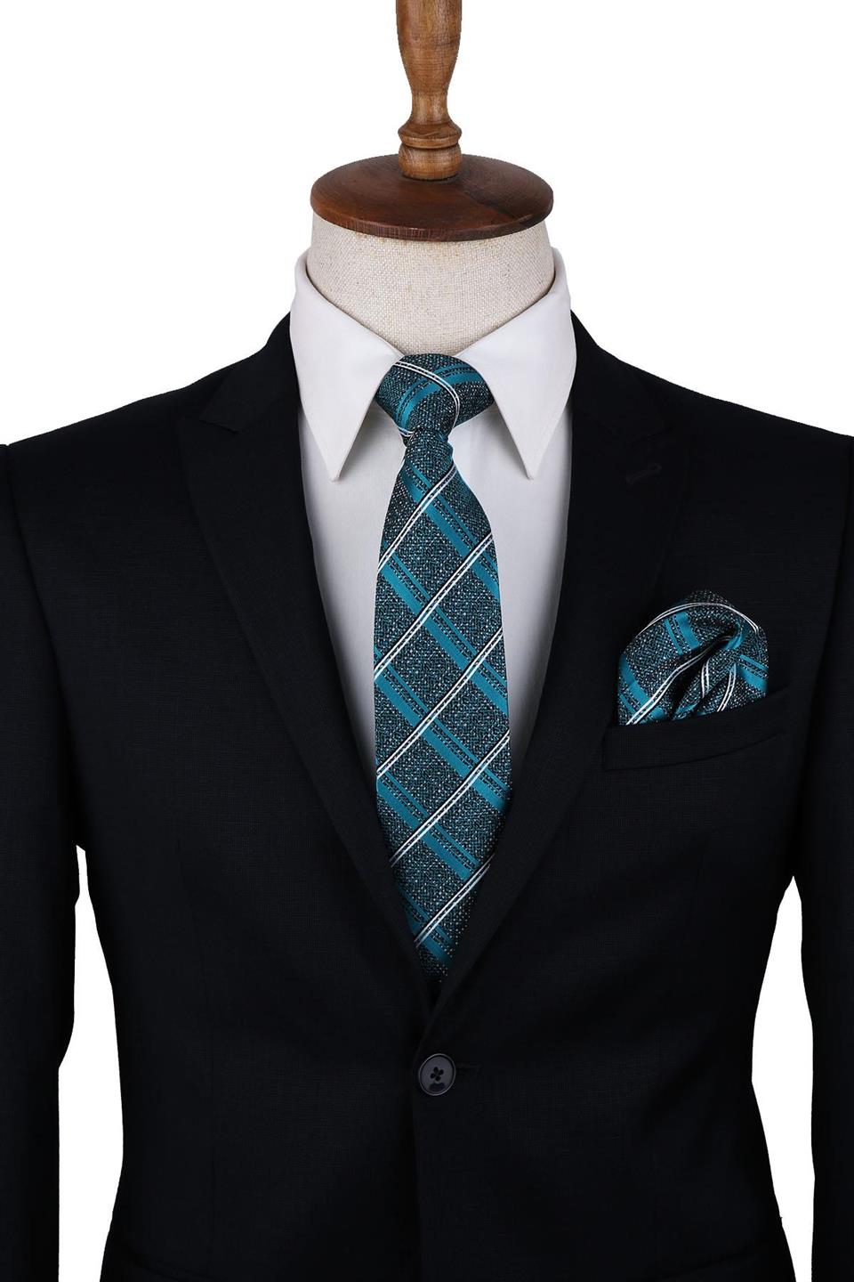 Yeşil Ekose Desen Mendilli Klasik Kravat KK10120