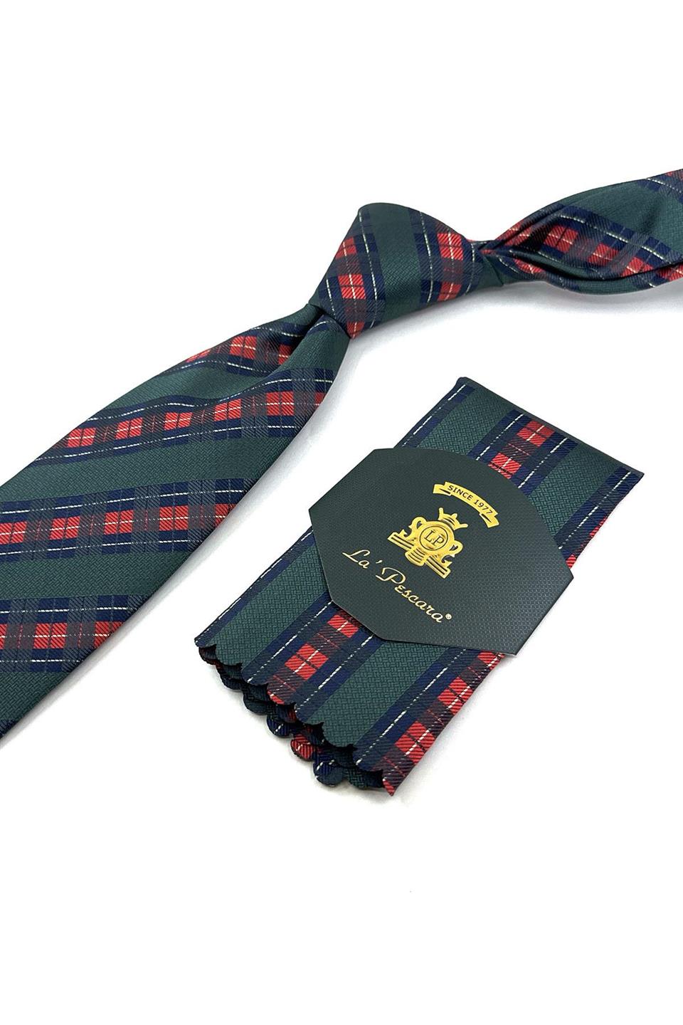 Yeşil Ekose Desen Mendilli Klasik Kravat KK11983