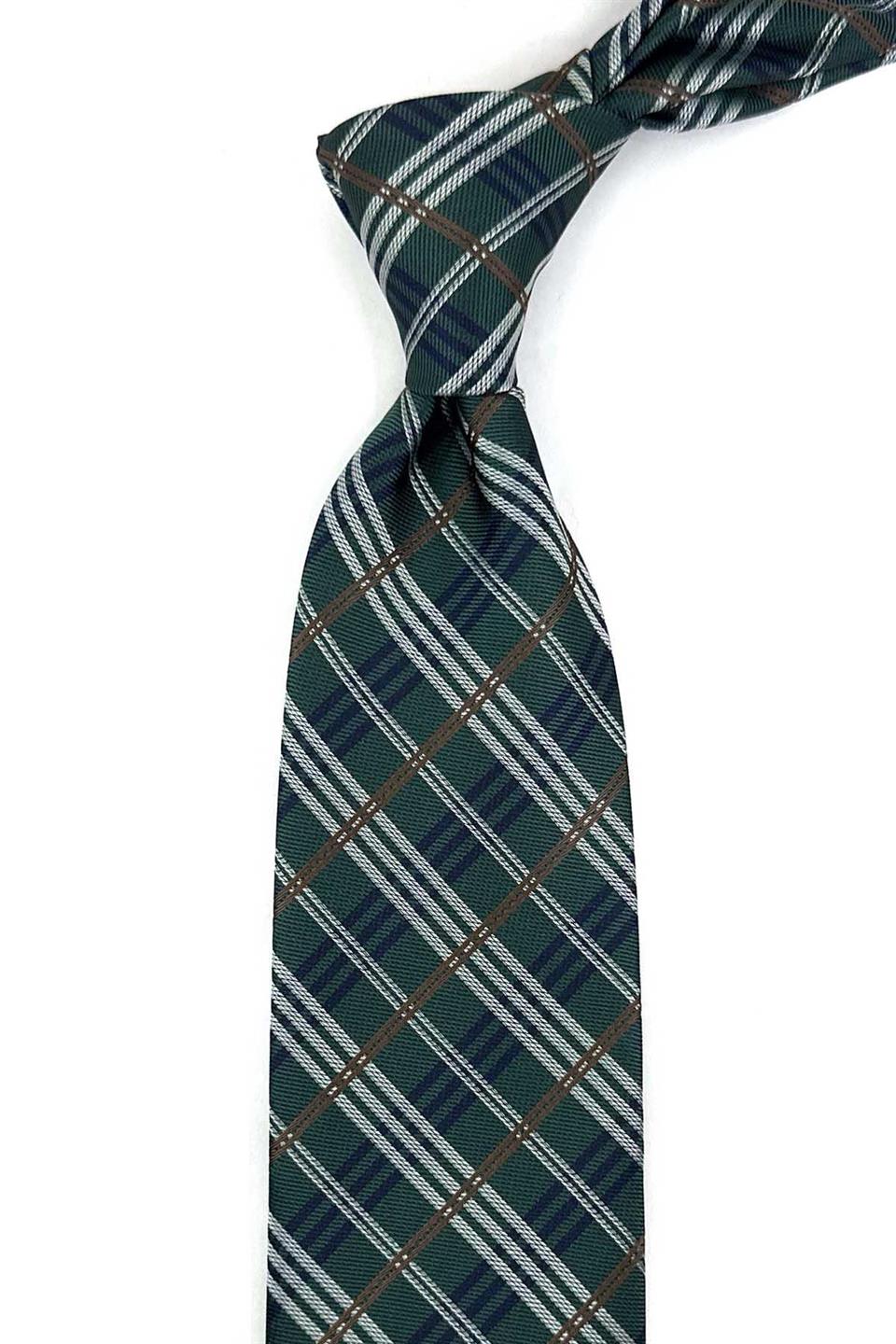 Yeşil Ekose Desen Mendilli Klasik Kravat KK13198