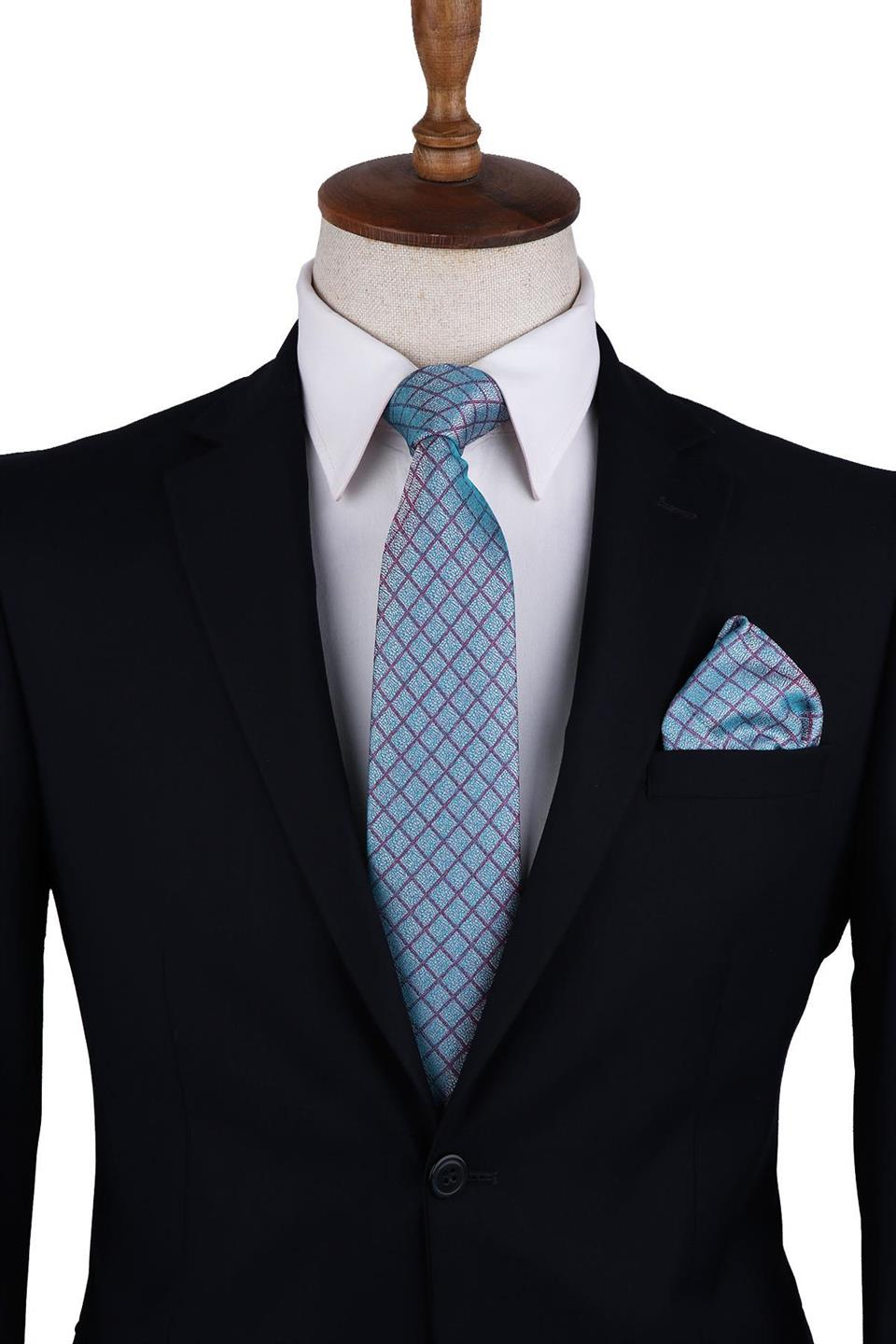 Yeşil Ekose Desen Mendilli Klasik Kravat KK10379