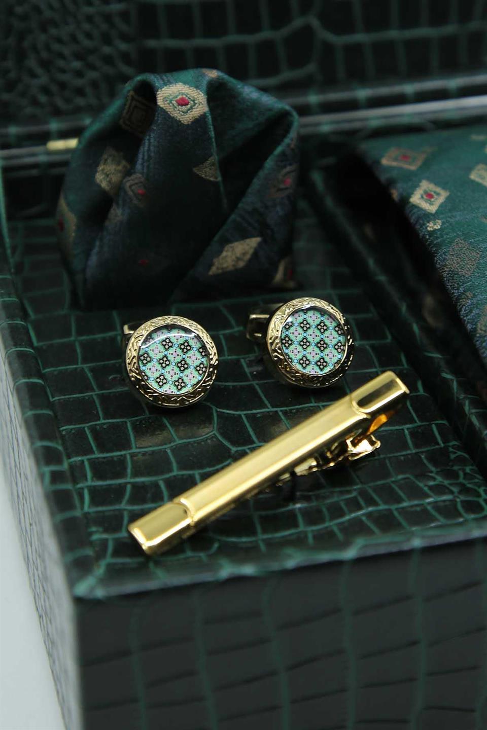 Yeşil Erkek Hediye Kutusu - Kravat Kol Düğmesi Kravat İğnesi KMK135