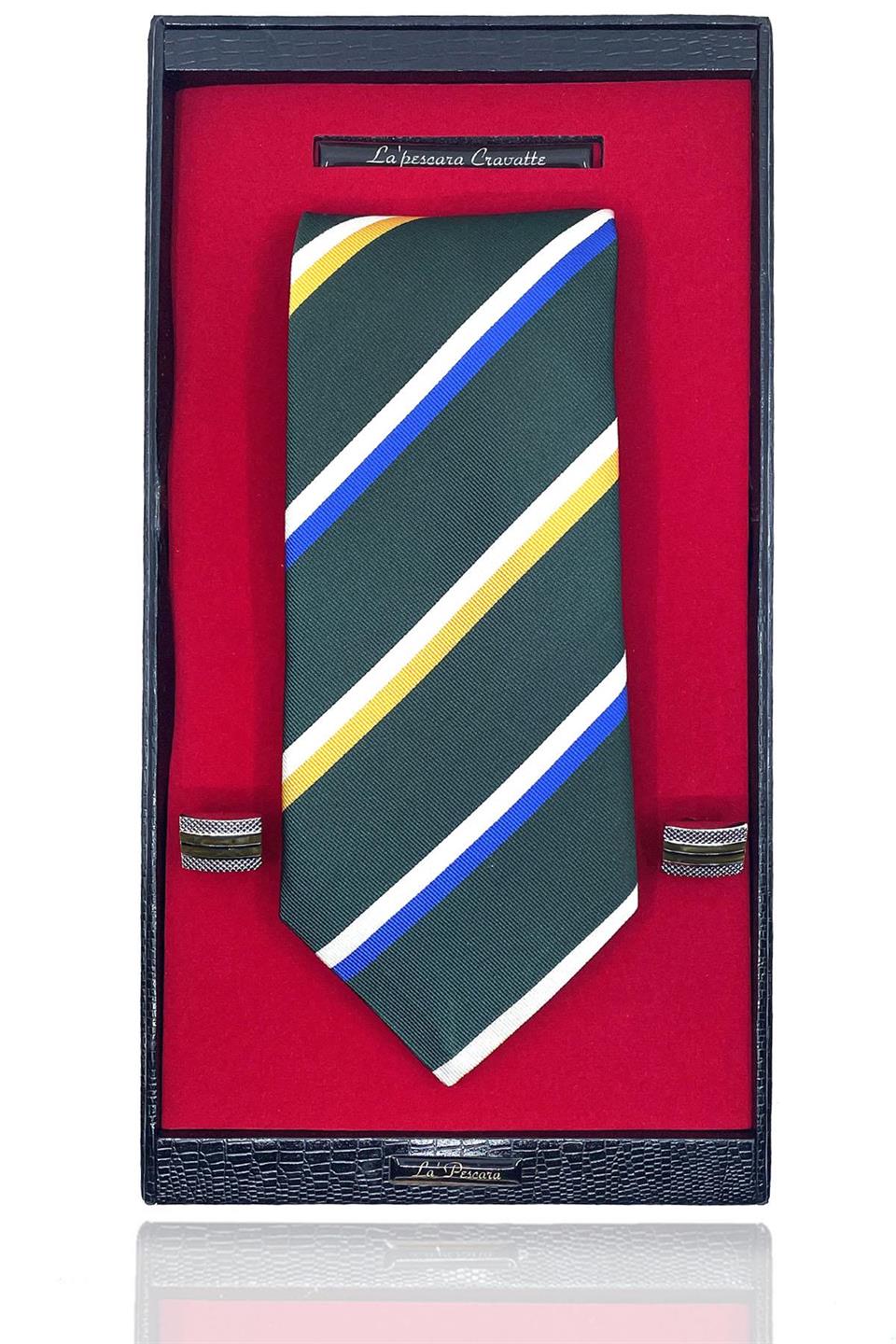 Yeşil İtalyan İpek Kravat Çelik Kol Düğmesi Erkek Hediye Seti SKS38