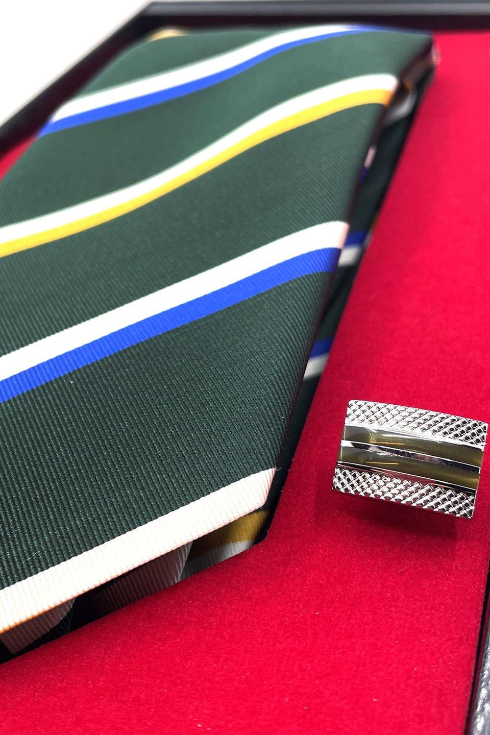 Yeşil İtalyan İpek Kravat Çelik Kol Düğmesi Erkek Hediye Seti SKS38