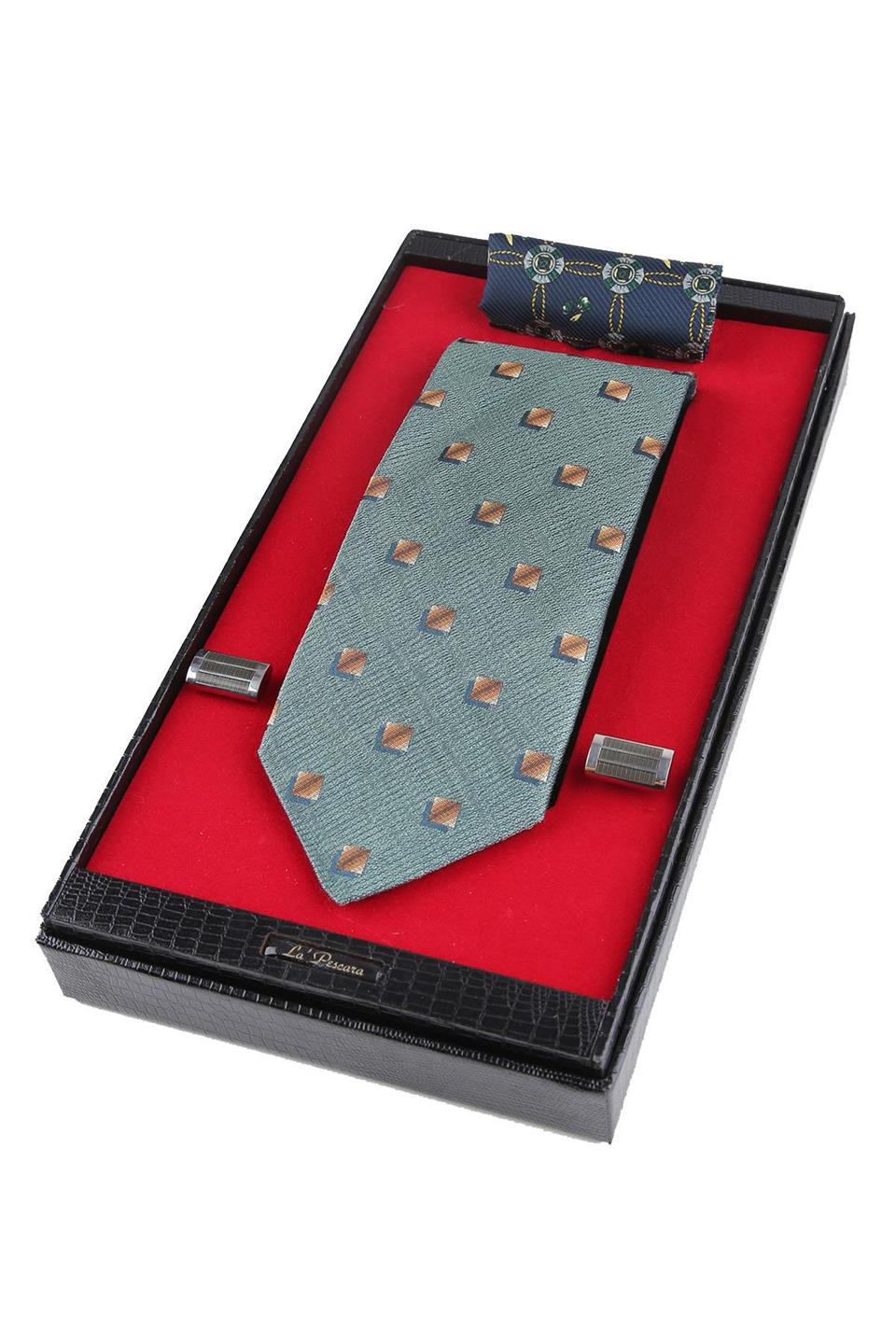 Yeşil İtalyan İpek Kravat Mendil Kol Düğmesi Sevgililer Günü Hediyesi SKS53