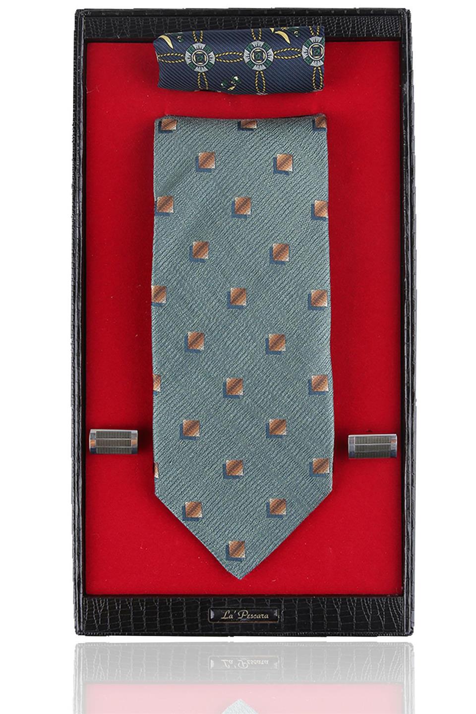 Yeşil İtalyan İpek Kravat Mendil Kol Düğmesi Sevgililer Günü Hediyesi SKS53