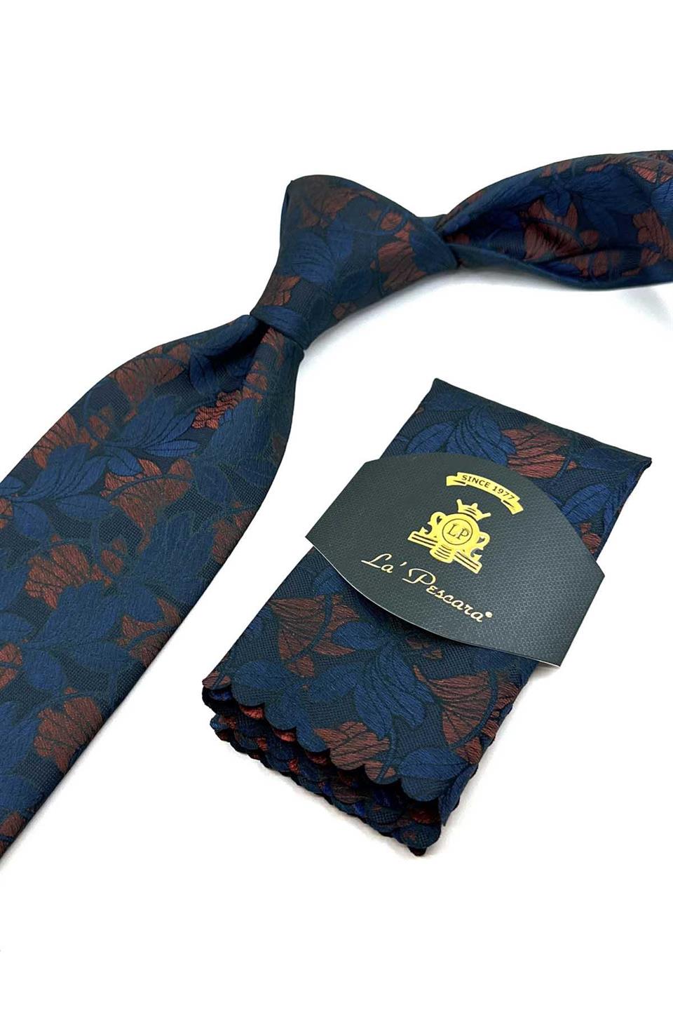 Yeşil - Kahve Çiçek Desen Mendilli Klasik Kravat KK12237