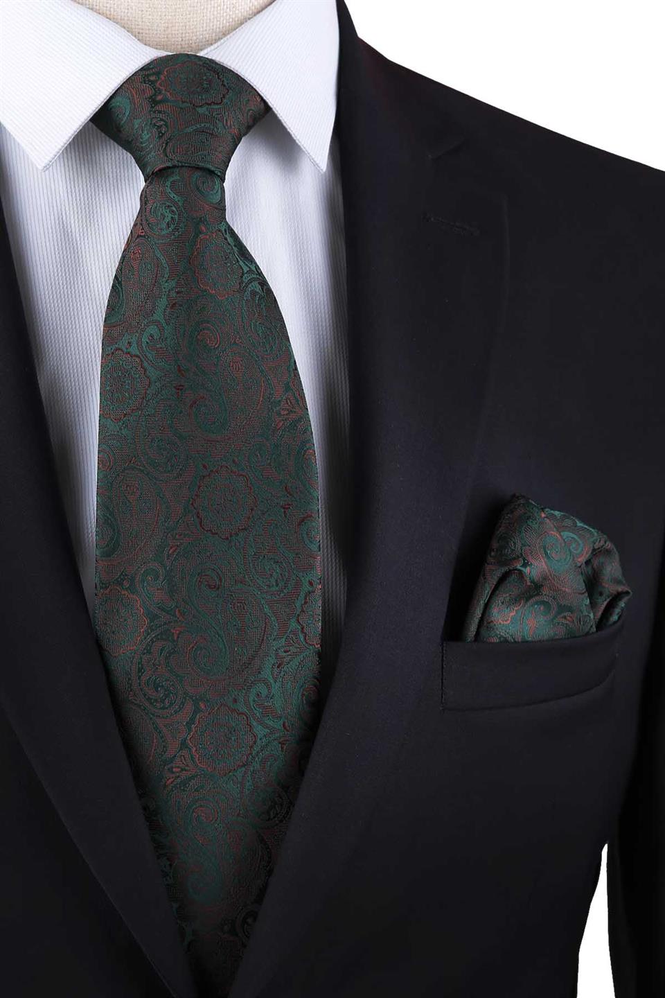 Yeşil - Kahve Şal Desen Mendilli Klasik Kravat KK13302