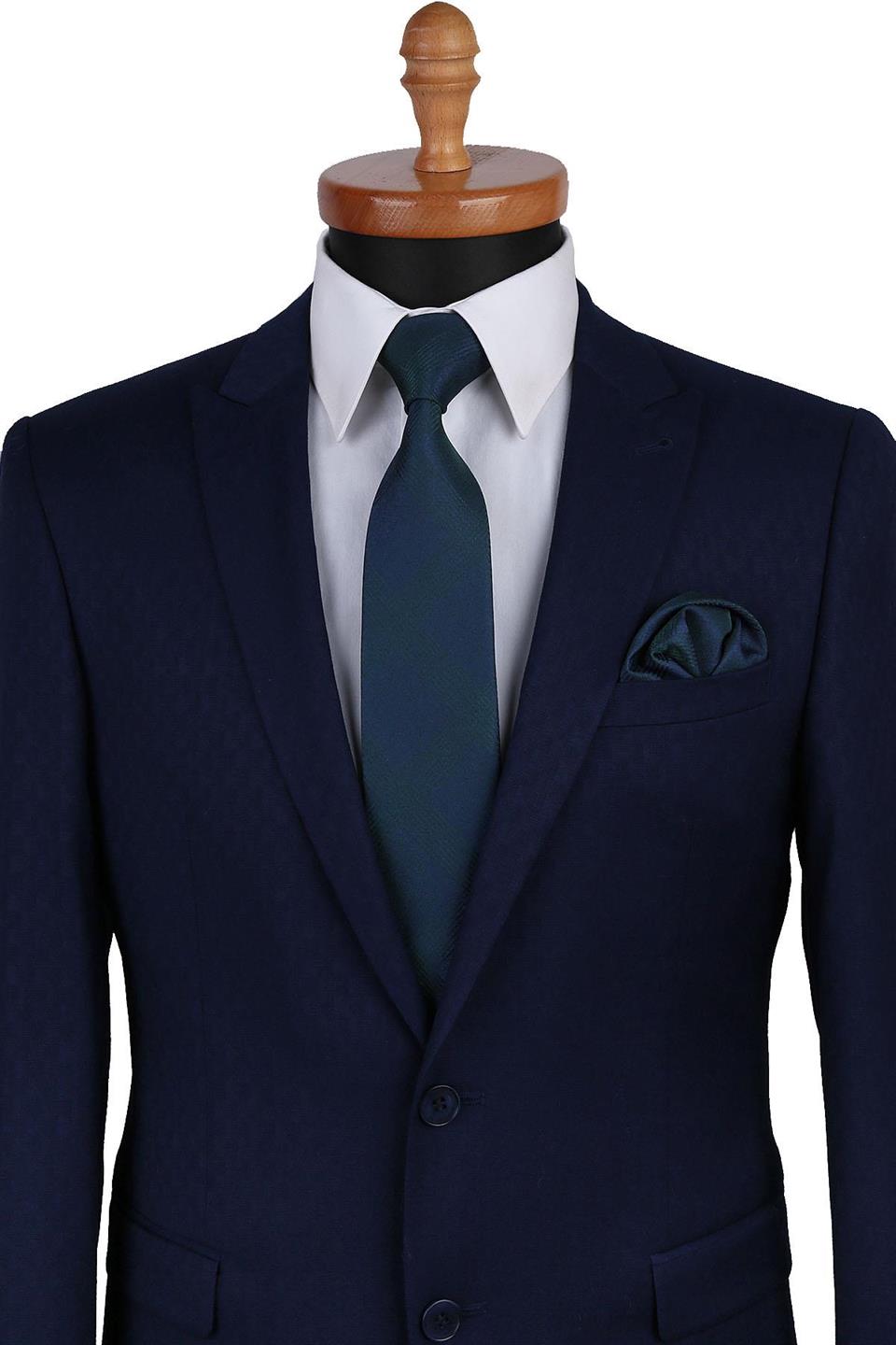 Yeşil Kendinden Desen Mendilli Klasik Kravat KK9584