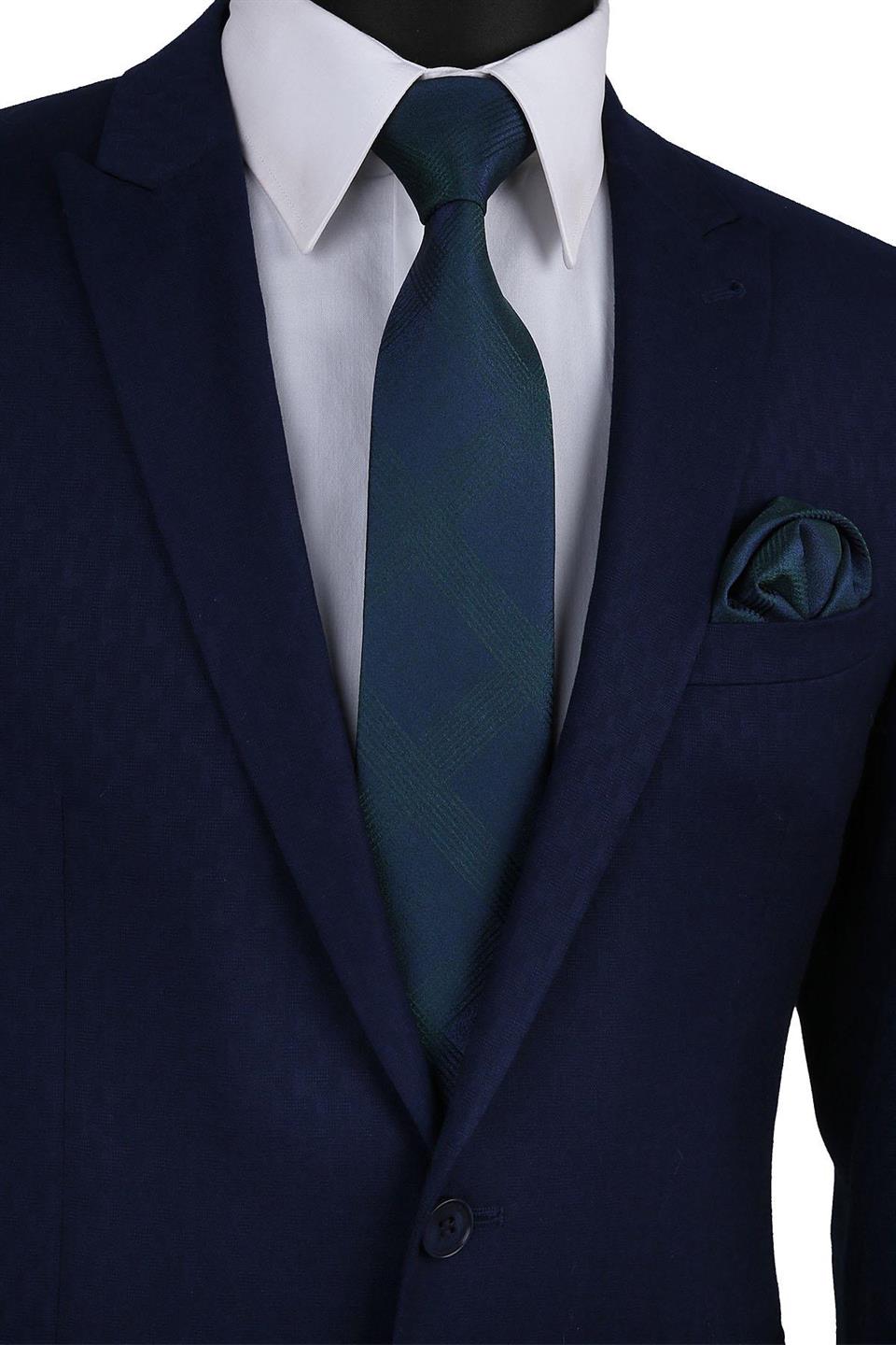 Yeşil Kendinden Desen Mendilli Klasik Kravat KK9584