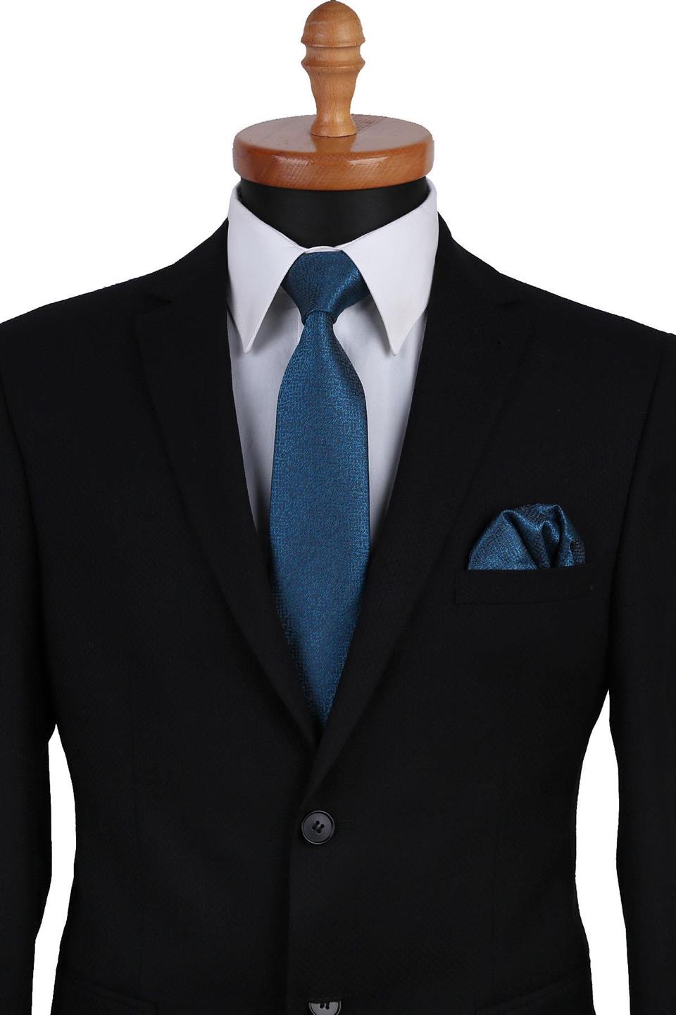 Yeşil Kendinden Desen Mendilli Klasik Kravat KK9643