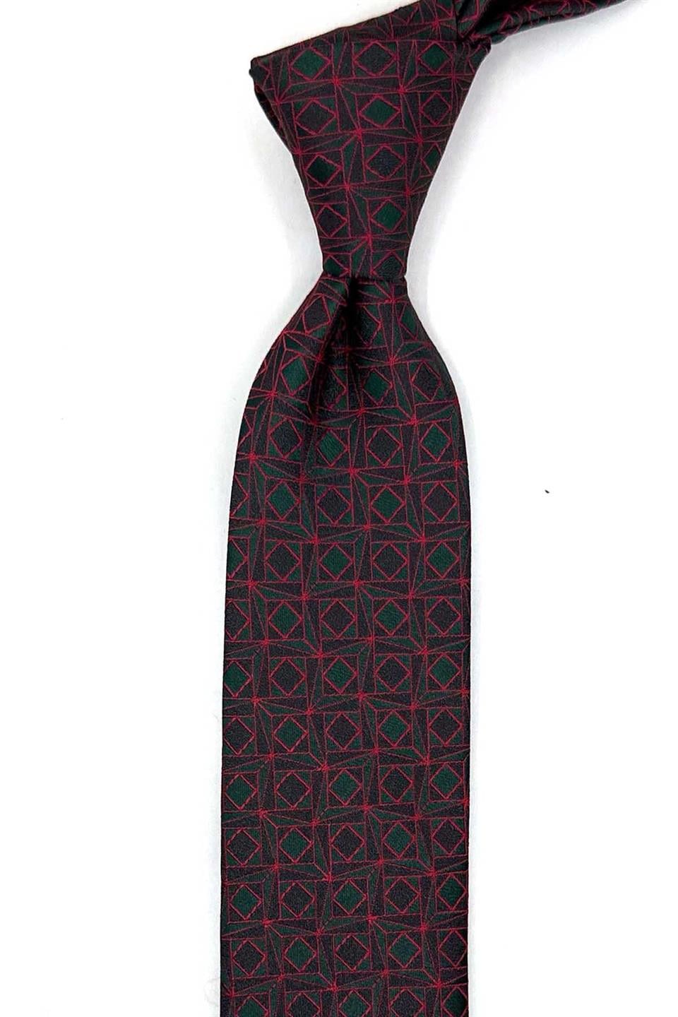 Yeşil - Kırmızı Motif Desen İnce Kravat SK8074