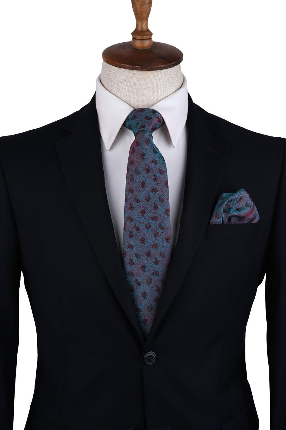 Yeşil - Kırmızı Şal Desen Mendilli Klasik Kravat KK10399